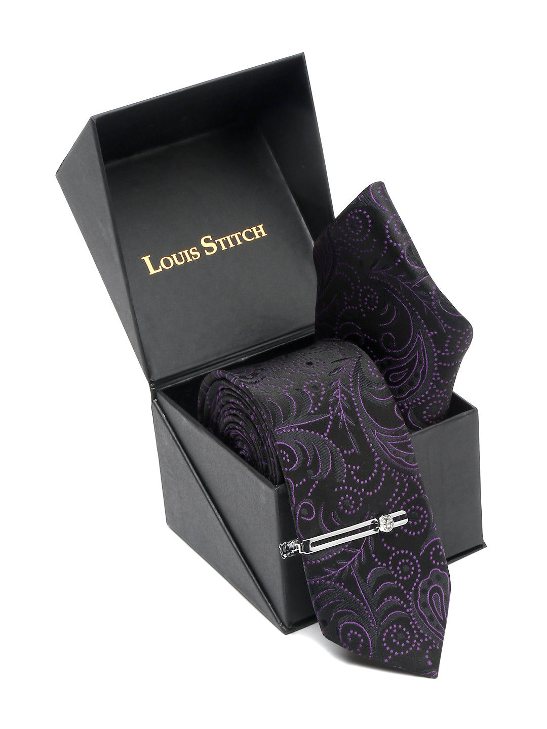 Heather Purple Luxury Italian Silk Necktie Set With Pocket Square Chrome Tie pin