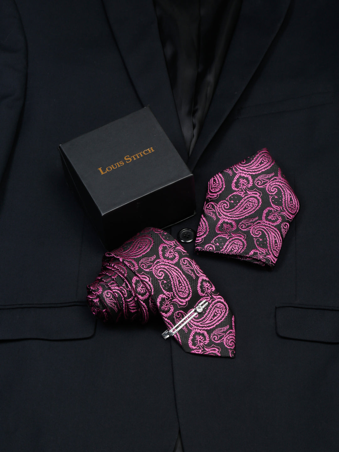 Orchid Purple Luxury Italian Silk Necktie Set With Pocket Square Chrome Tie pin