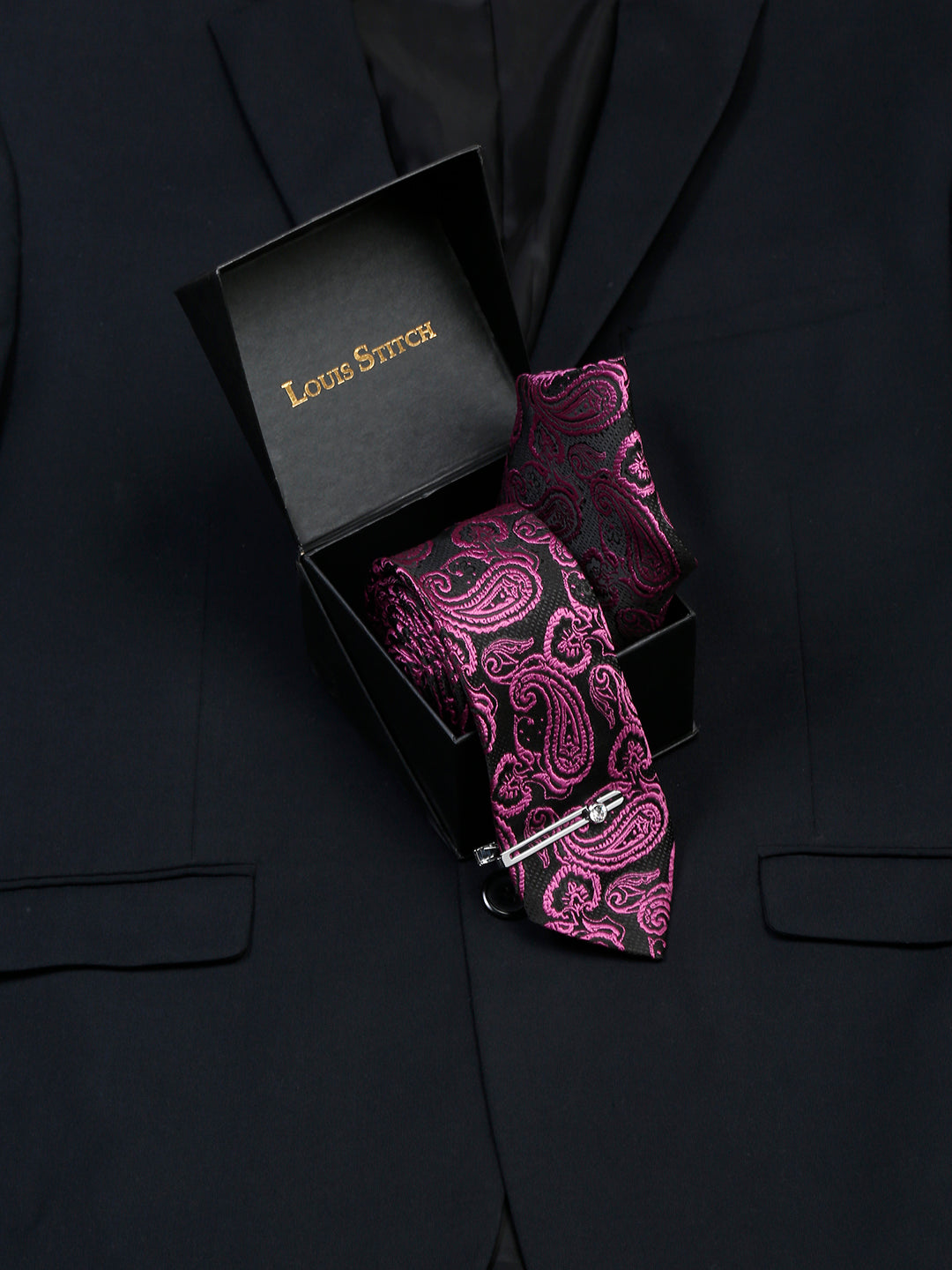 Orchid Purple Luxury Italian Silk Necktie Set With Pocket Square Chrome Tie pin