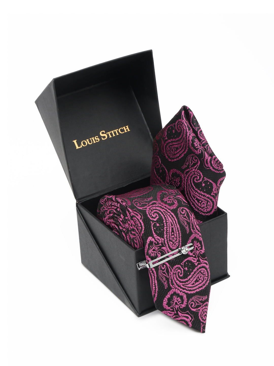 Orchid Purple Luxury Italian Silk Necktie Set With Pocket Square Chrome Tie pin