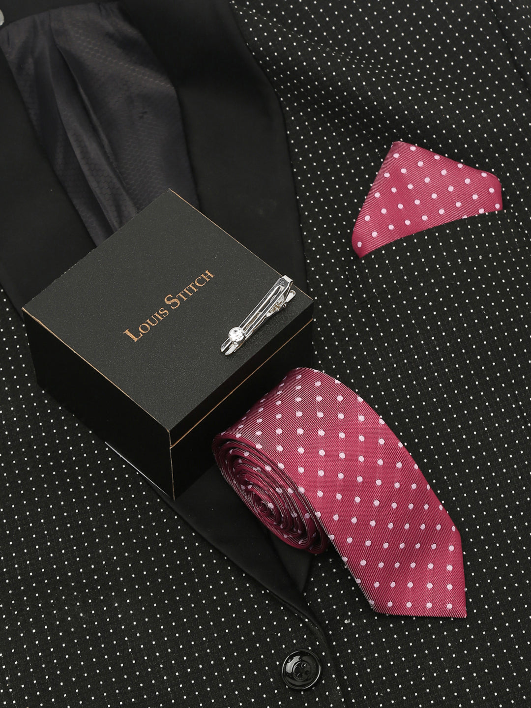 Polka Rosewood Luxury Italian Silk Necktie Set With Pocket Square Chrome Tie pin