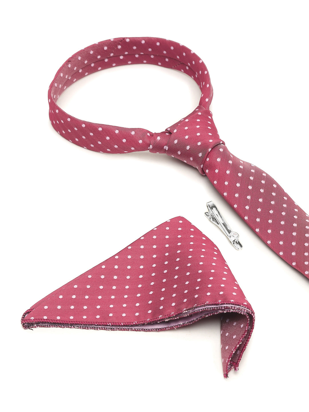 Polka Rosewood Luxury Italian Silk Necktie Set With Pocket Square Chrome Tie pin