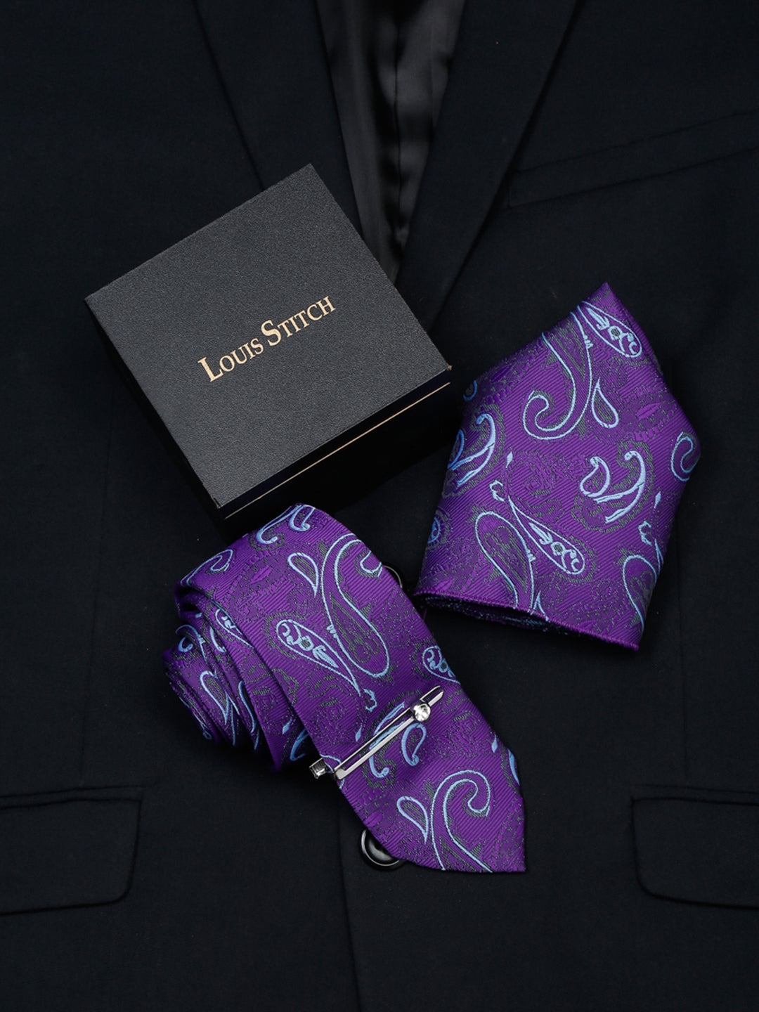 Purple Luxury Italian Silk Necktie Set With Pocket Square Chrome Tie pin