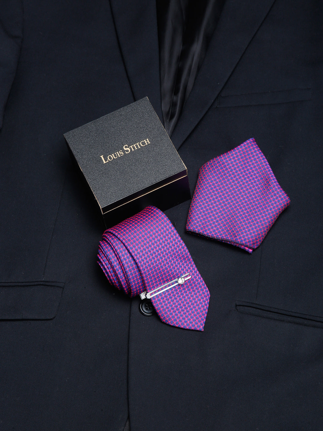 Violet Luxury Italian Silk Necktie Set With Pocket Square Chrome Tie pin