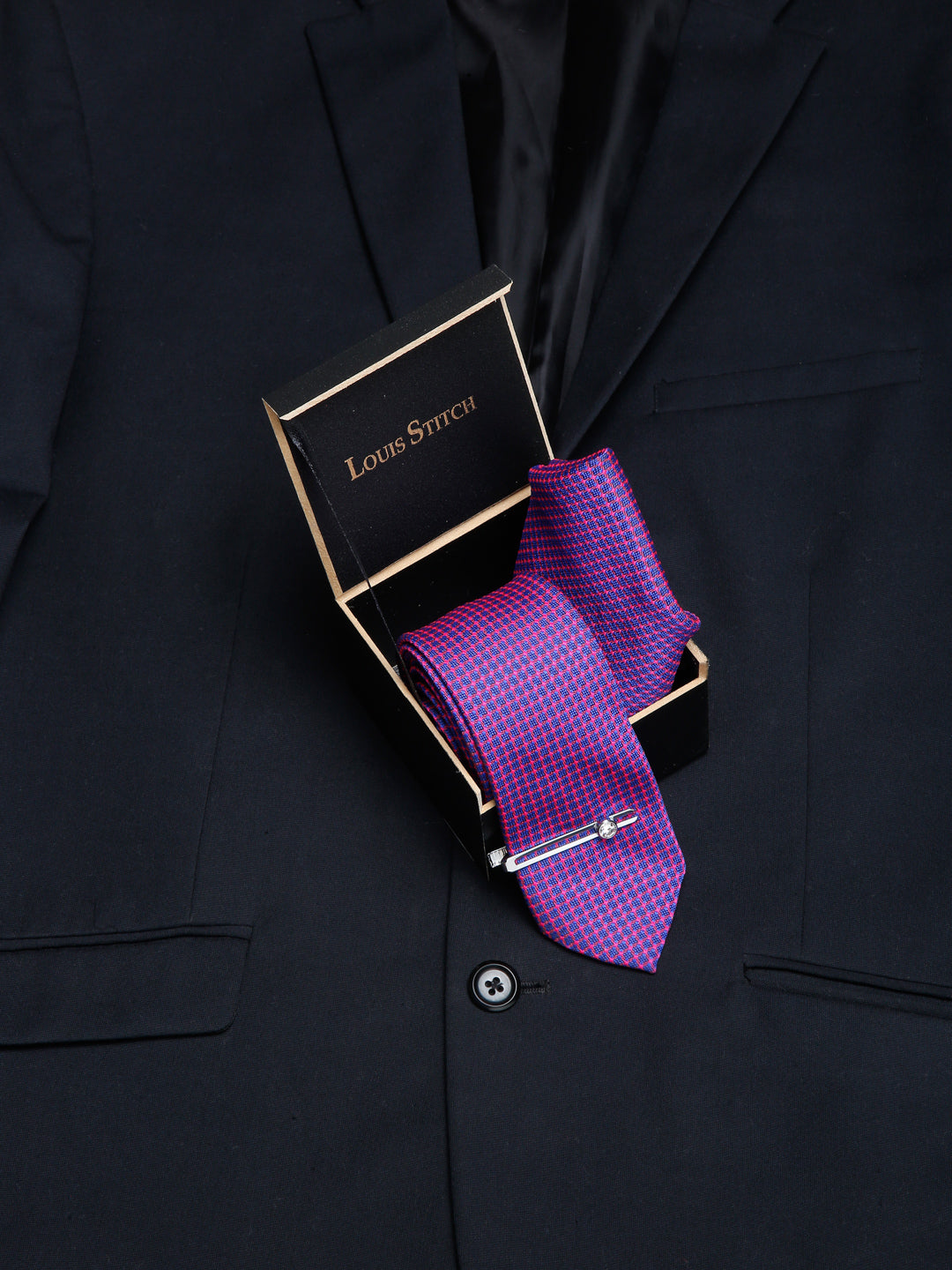 Violet Luxury Italian Silk Necktie Set With Pocket Square Chrome Tie pin