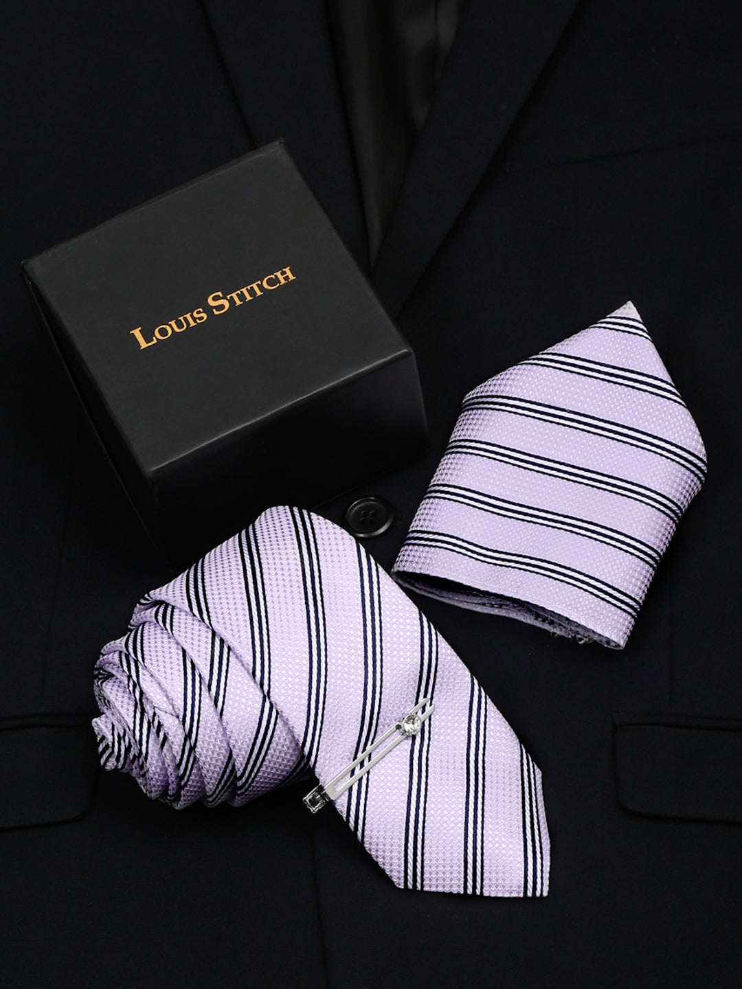 Lavender Italian Silk Necktie Set Pocket Square Chrome Tiepin