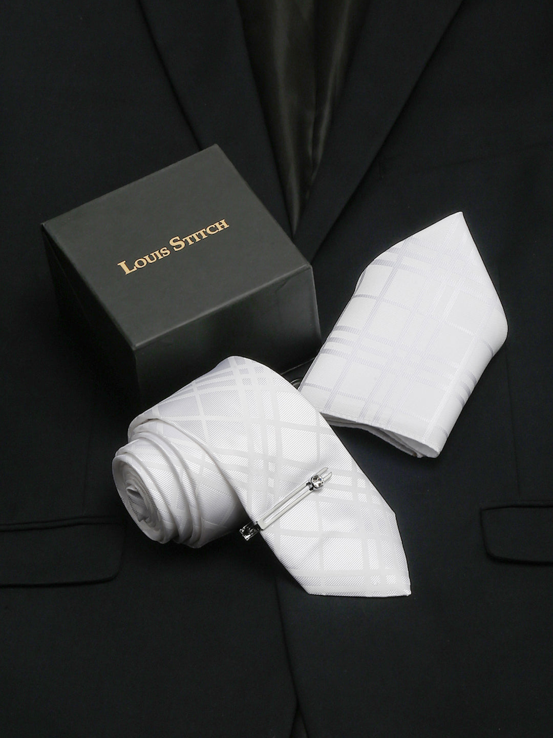 Snow White Italian Silk Necktie Set Pocket Square Chrome Tiepin