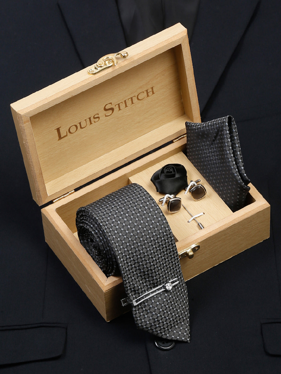 Dark Grey Luxury Italian Silk Necktie Set With Pocket Square Cufflinks Brooch Chrome Tie pin