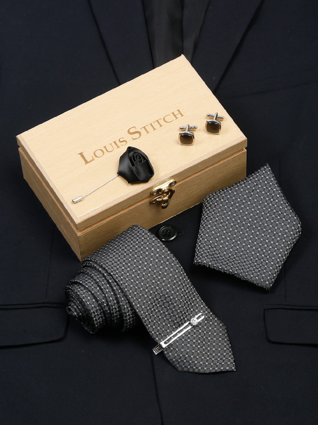Dark Grey Luxury Italian Silk Necktie Set With Pocket Square Cufflinks Brooch Chrome Tie pin