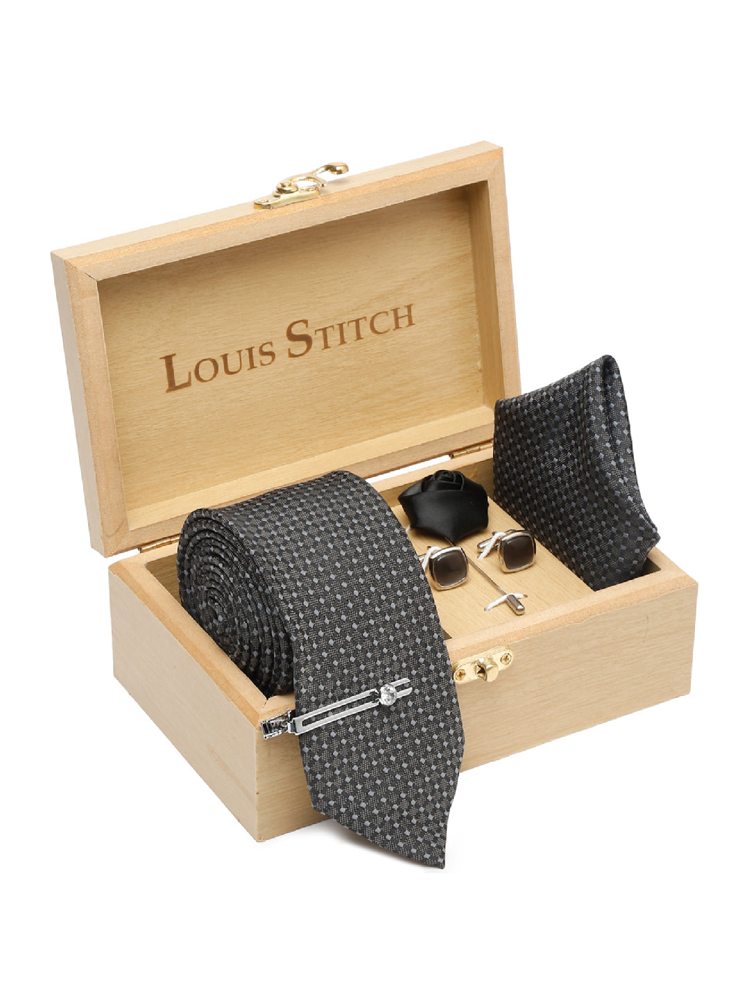 Dark Grey Luxury Italian Silk Necktie Set With Pocket Square Cufflinks Brooch Chrome Tie pin