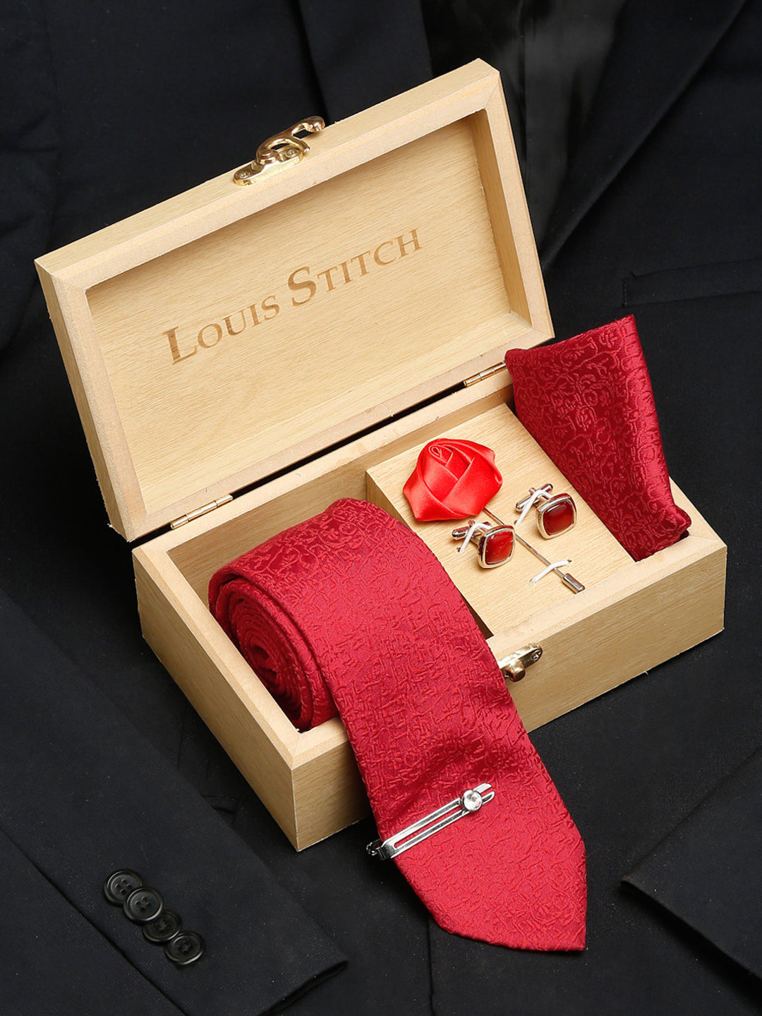 Ferrari Red Luxury Italian Silk Necktie Set With Pocket Square Cufflinks Brooch Chrome Tie pin