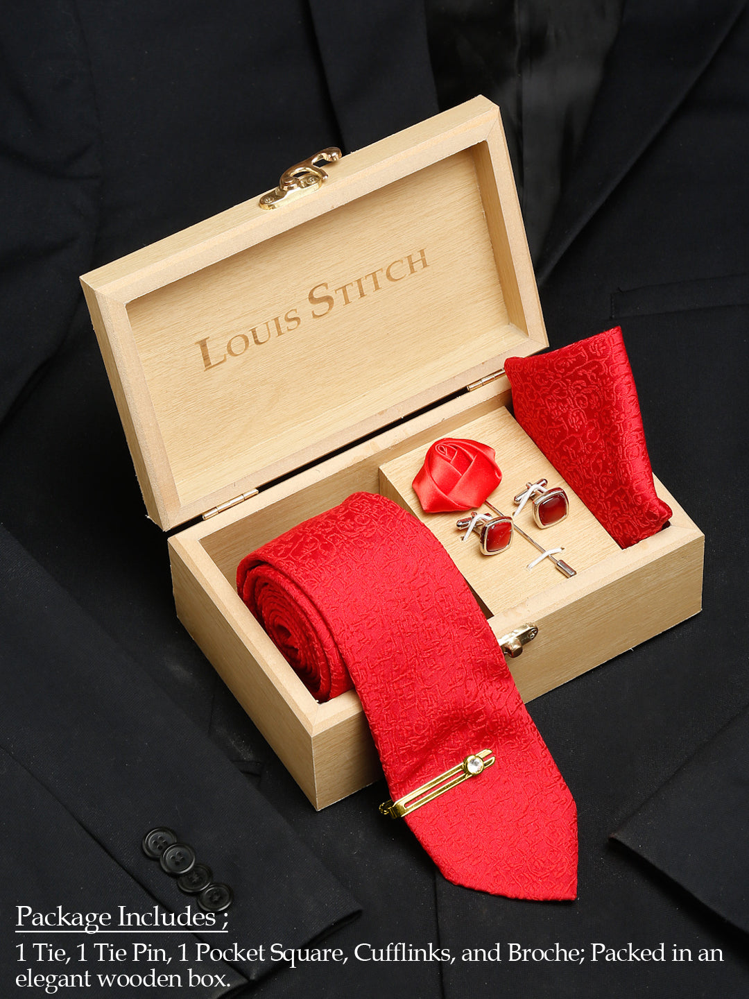 Ferrari Red Luxury Italian Silk Necktie Set With Pocket Square Cufflinks Brooch Gold Tie pin