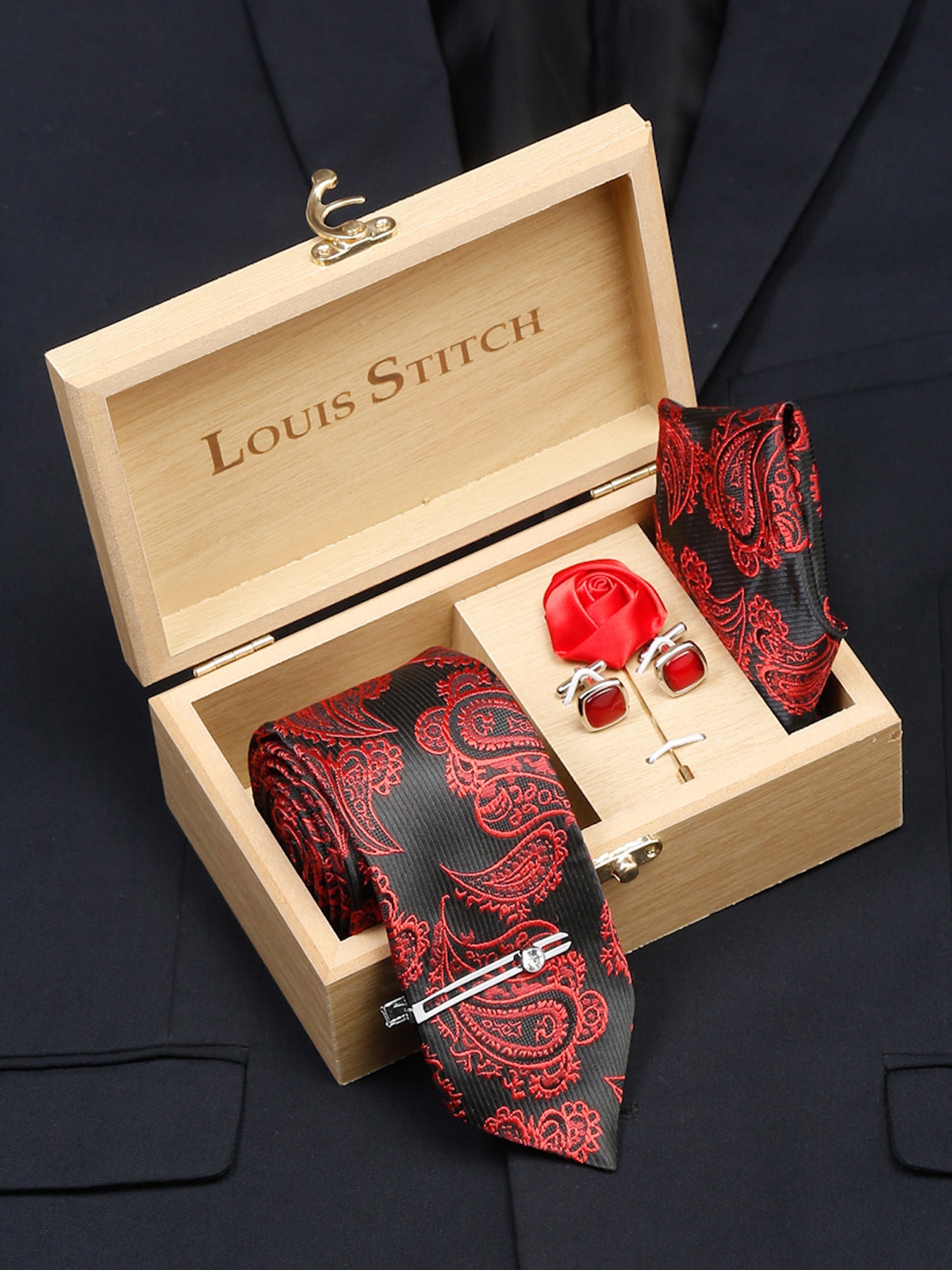 Imperial Red Luxury Italian Silk Necktie Set With Pocket Square Cufflinks Brooch Chrome Tie pin