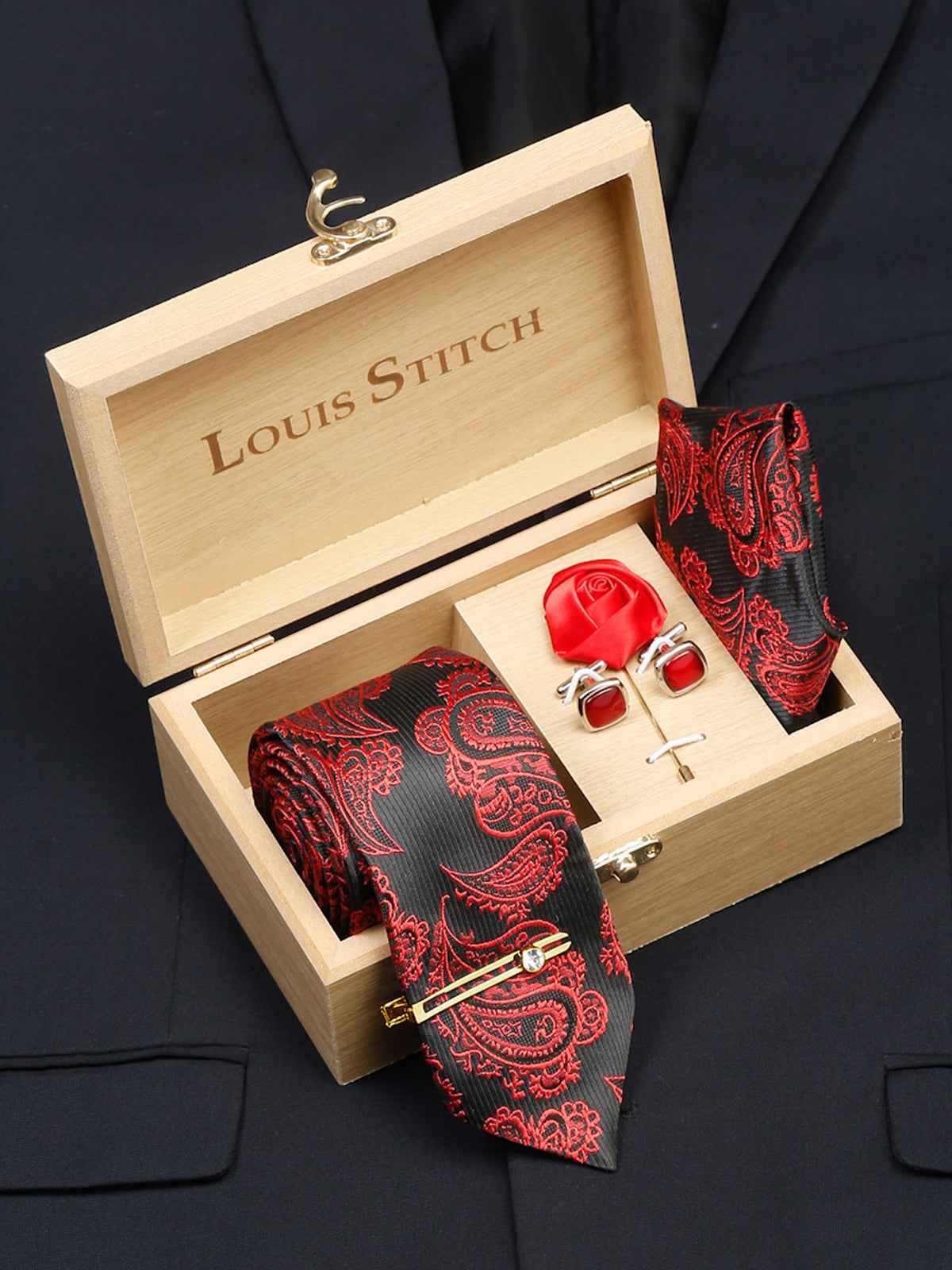 Imperial Red Luxury Italian Silk Necktie Set With Pocket Square Cufflinks Brooch Gold Tie pin