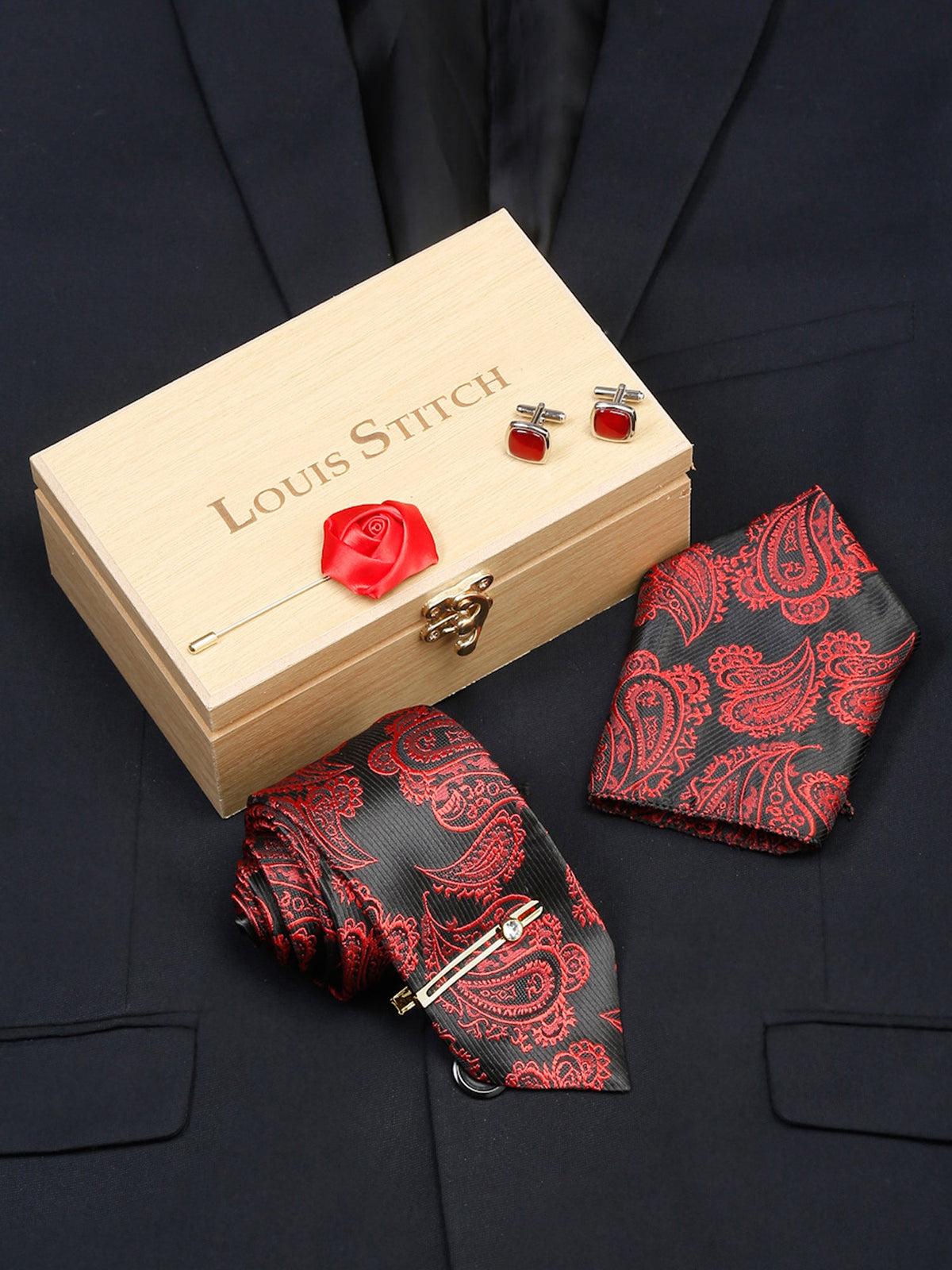 Imperial Red Luxury Italian Silk Necktie Set With Pocket Square Cufflinks Brooch Gold Tie pin