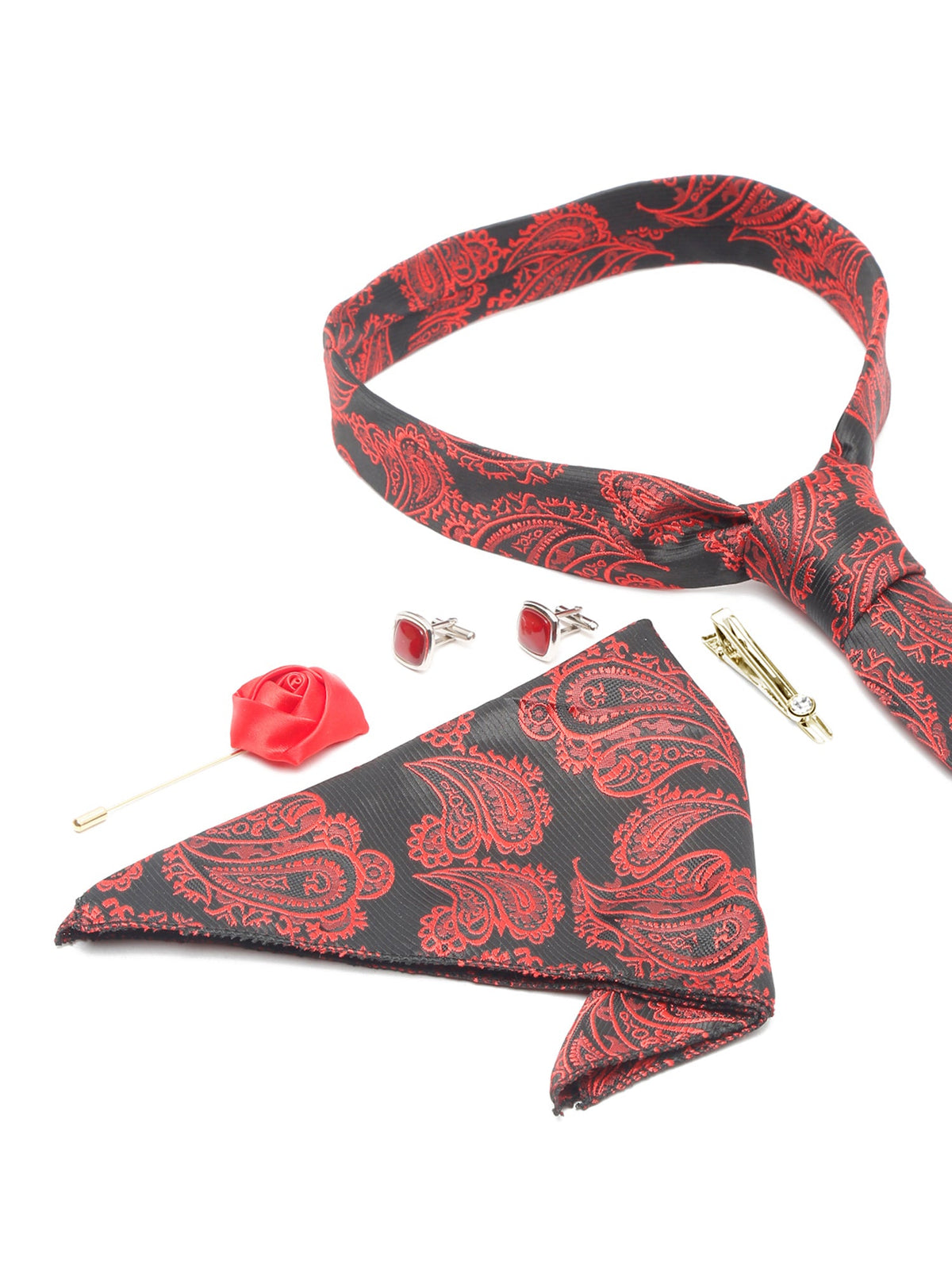 Imperial Red Luxury Italian Silk Necktie Set With Pocket Square Cufflinks Brooch Gold Tie pin