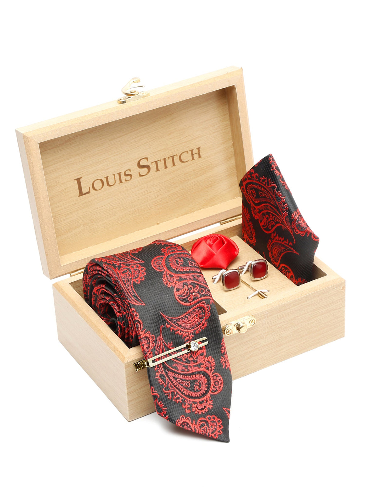 Imperial Red Luxury Italian Silk Necktie Set With Pocket Square Cufflinks Brooch Gold Tie pin