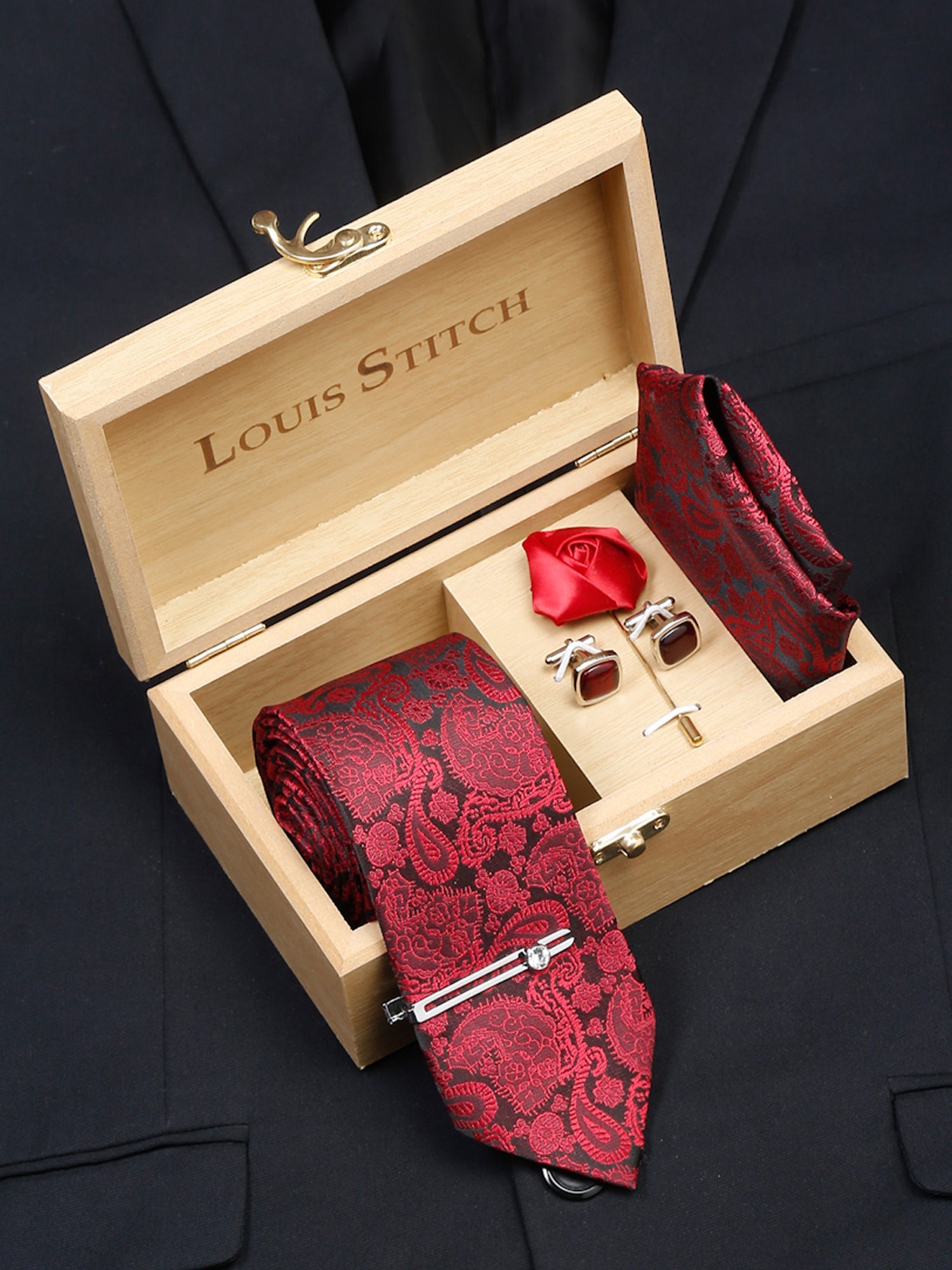 Crimson Red Luxury Italian Silk Necktie Set With Pocket Square Cufflinks Brooch Chrome Tie pin
