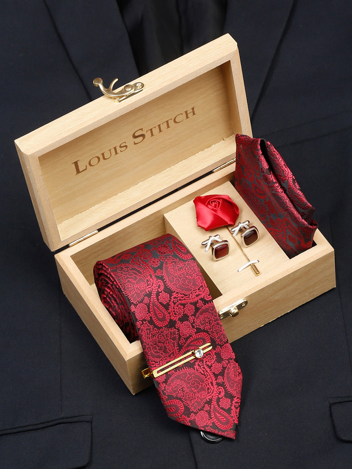 Crimson Red Luxury Italian Silk Necktie Set With Pocket Square Cufflinks Brooch Gold Tie pin