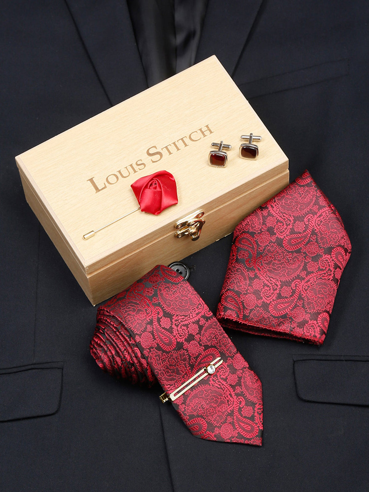 Crimson Red Luxury Italian Silk Necktie Set With Pocket Square Cufflinks Brooch Gold Tie pin