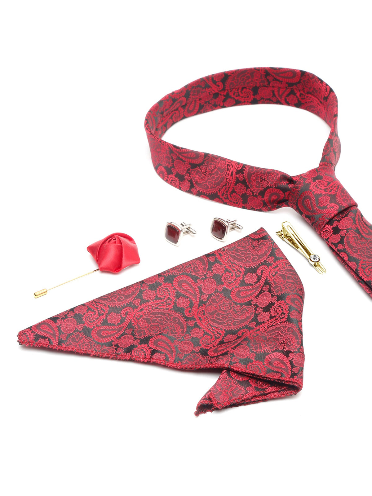 Crimson Red Luxury Italian Silk Necktie Set With Pocket Square Cufflinks Brooch Gold Tie pin