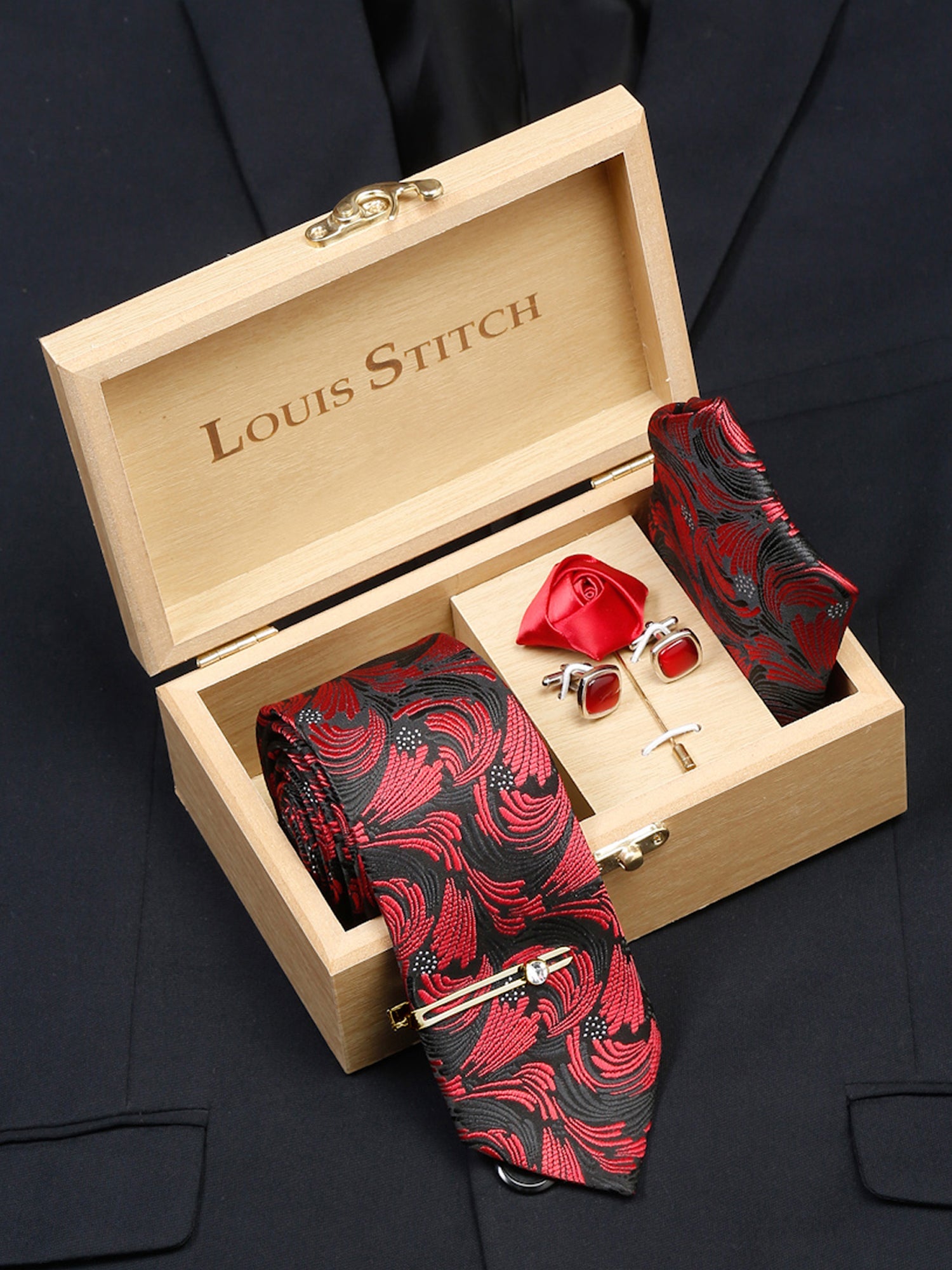 Ruby Red Luxury Italian Silk Necktie Set With Pocket Square Cufflinks Brooch Gold Tie pin
