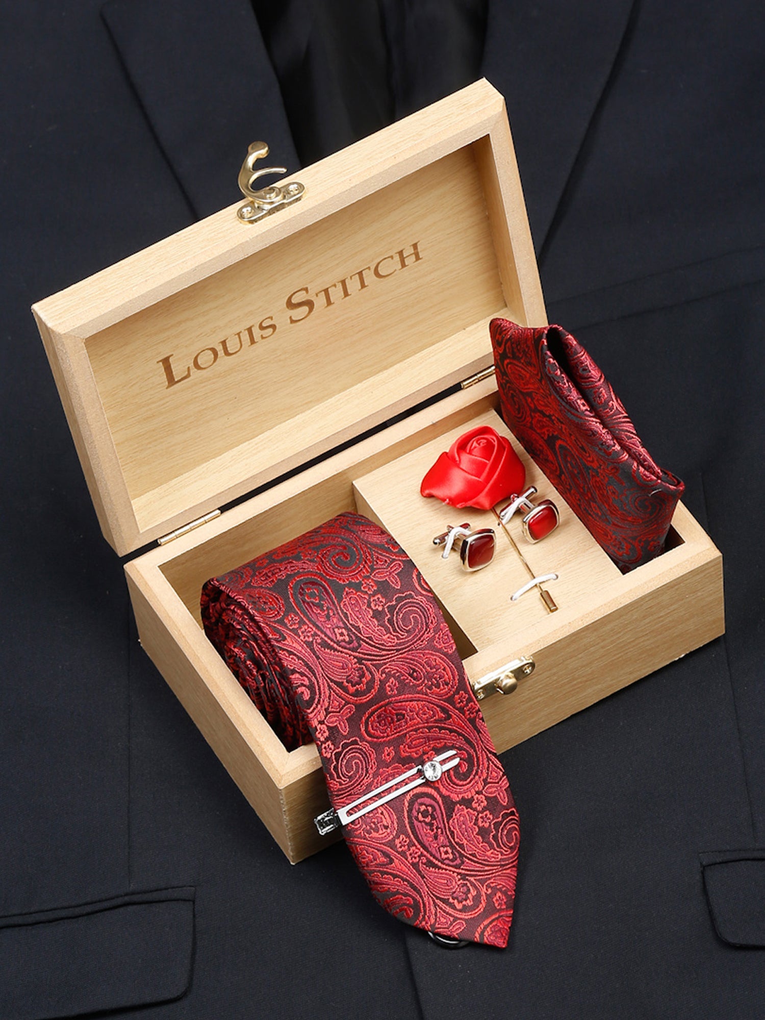 Ferrari red Luxury Italian Silk Necktie Set With Pocket Square Cufflinks Brooch Chrome Tie pin