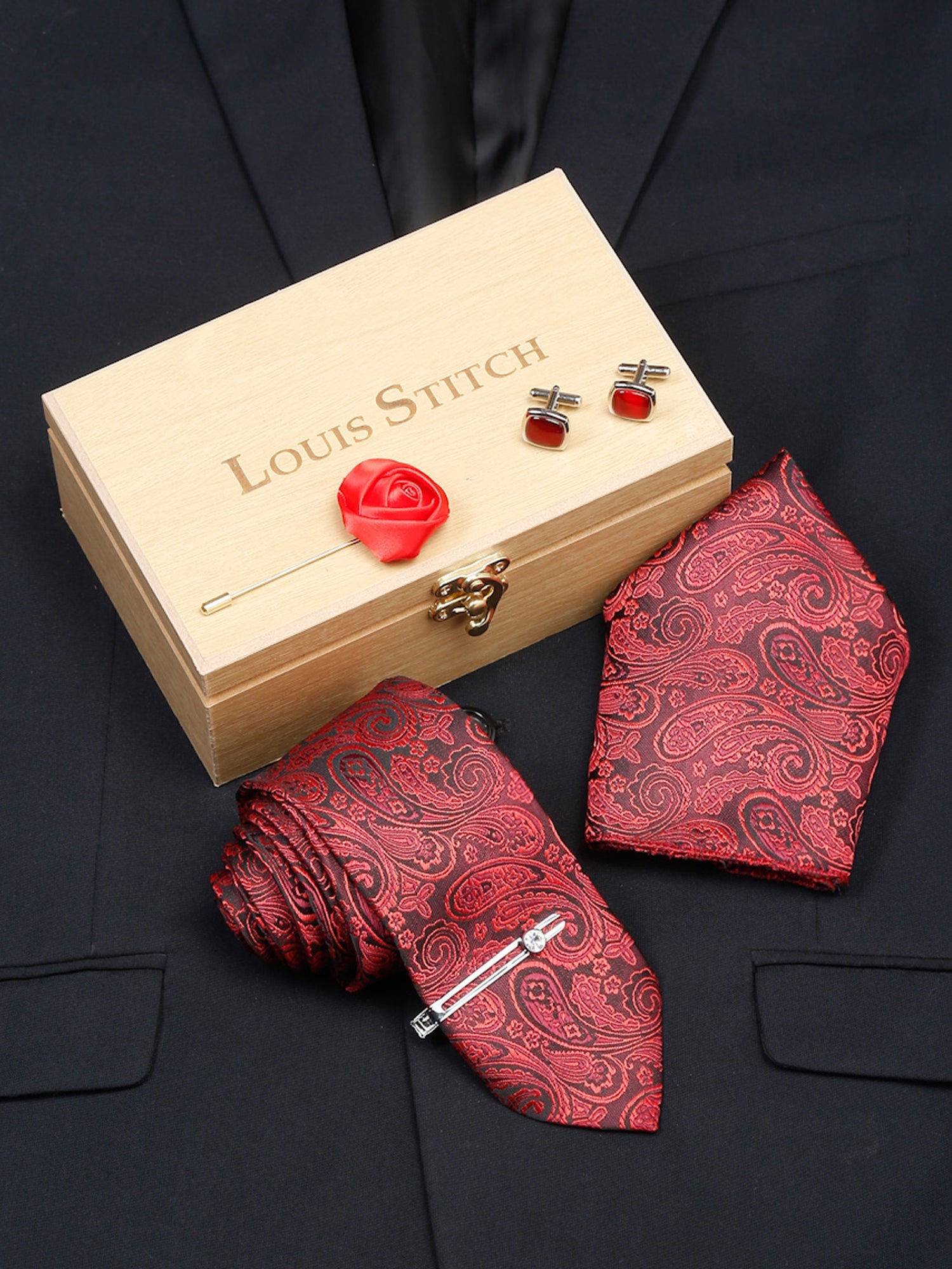 Ferrari red Luxury Italian Silk Necktie Set With Pocket Square Cufflinks Brooch Chrome Tie pin