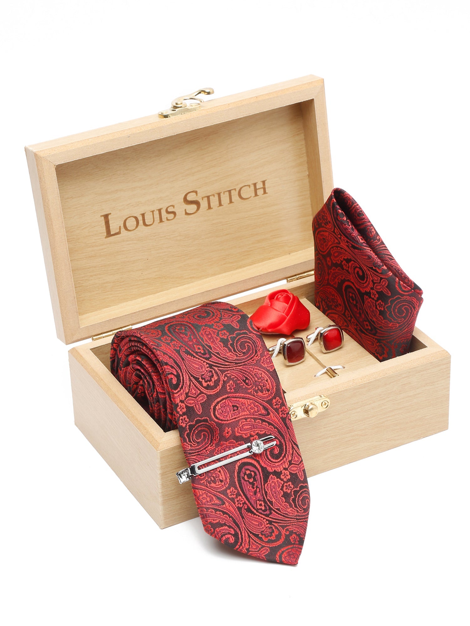 Ferrari red Luxury Italian Silk Necktie Set With Pocket Square Cufflinks Brooch Chrome Tie pin