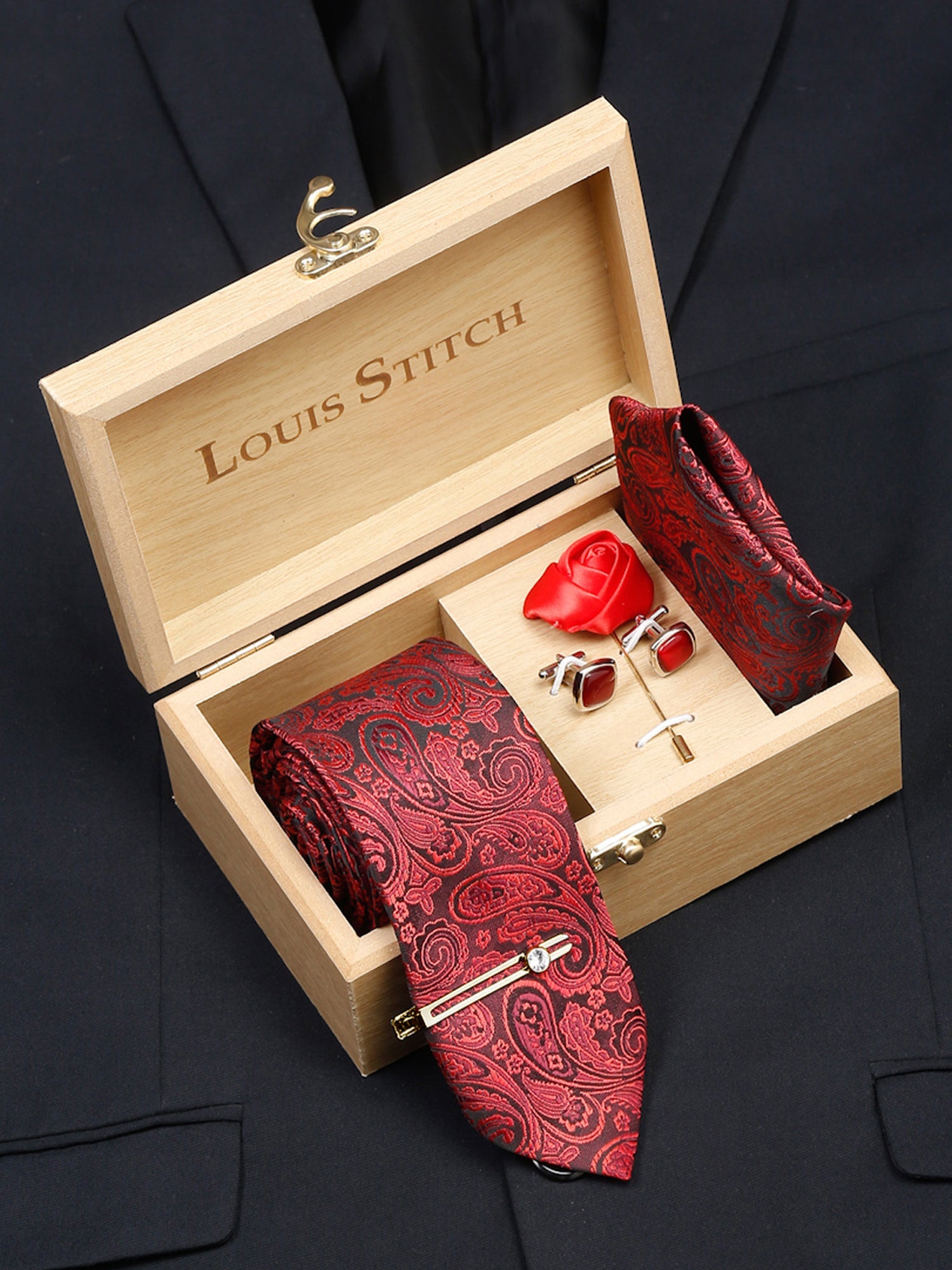 Ferrari red Luxury Italian Silk Necktie Set With Pocket Square Cufflinks Brooch Gold Tie pin