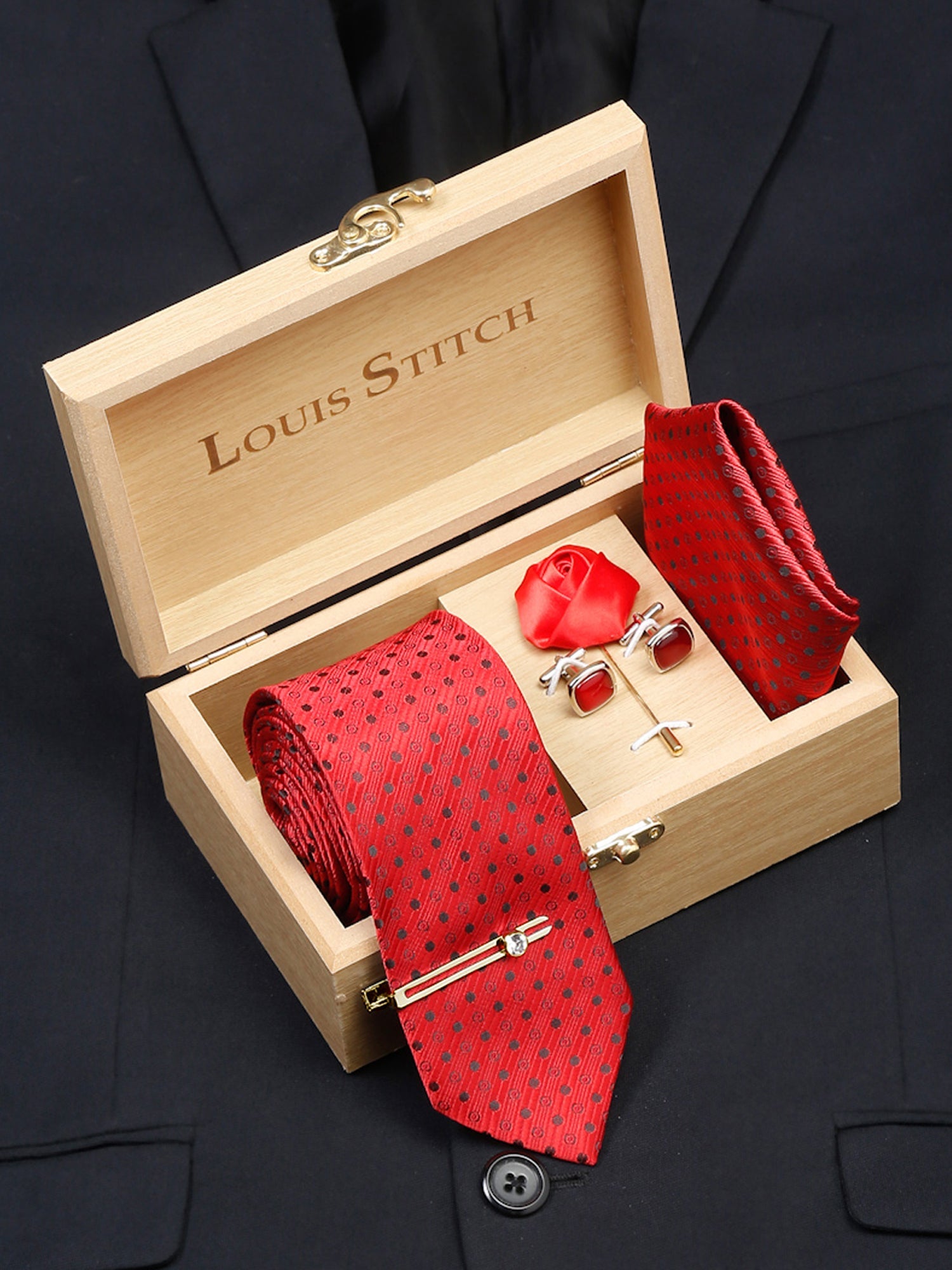 Indian Red Luxury Italian Silk Necktie Set With Pocket Square Cufflinks Brooch Gold Tie pin