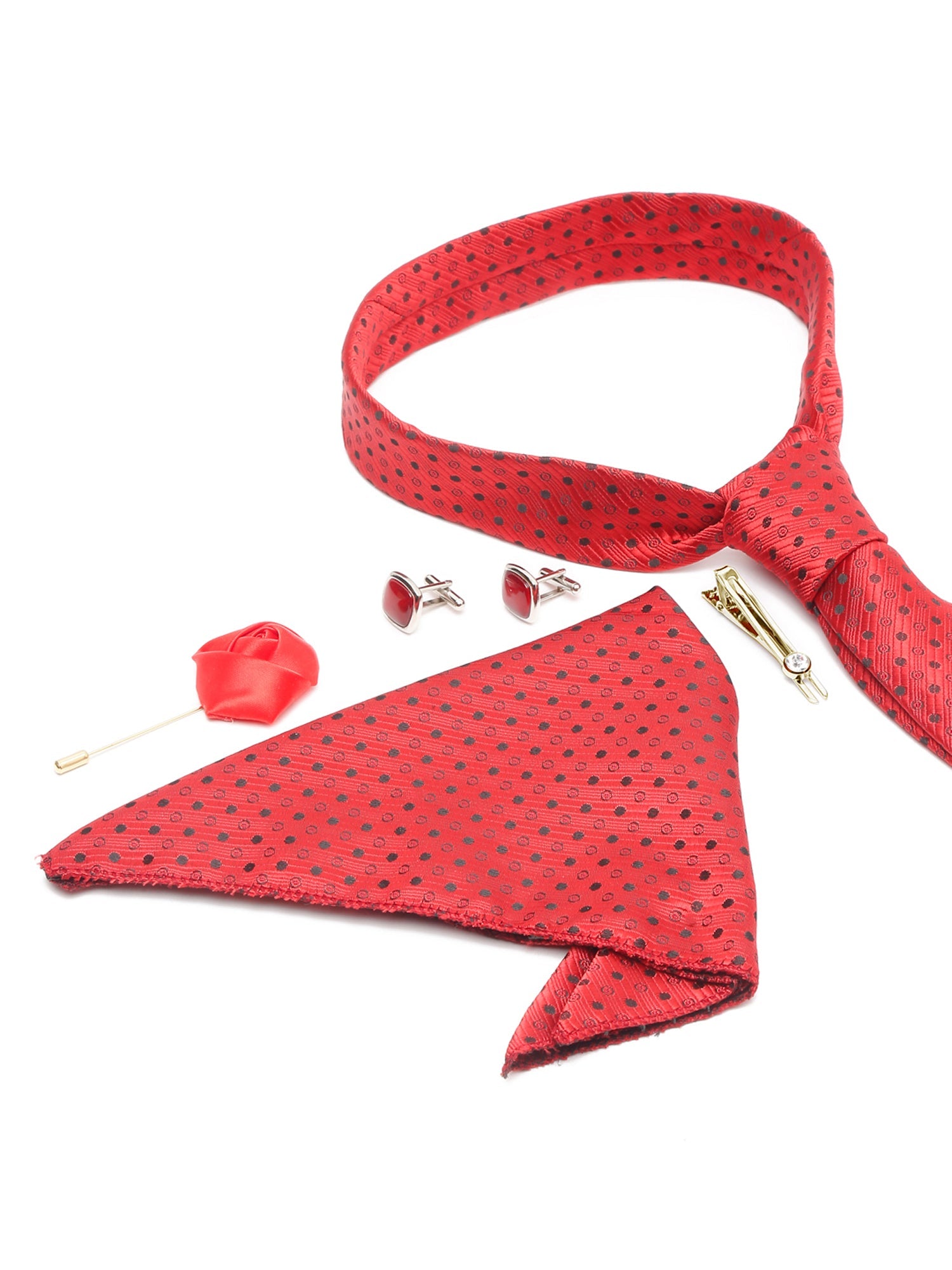 Indian Red Luxury Italian Silk Necktie Set With Pocket Square Cufflinks Brooch Gold Tie pin