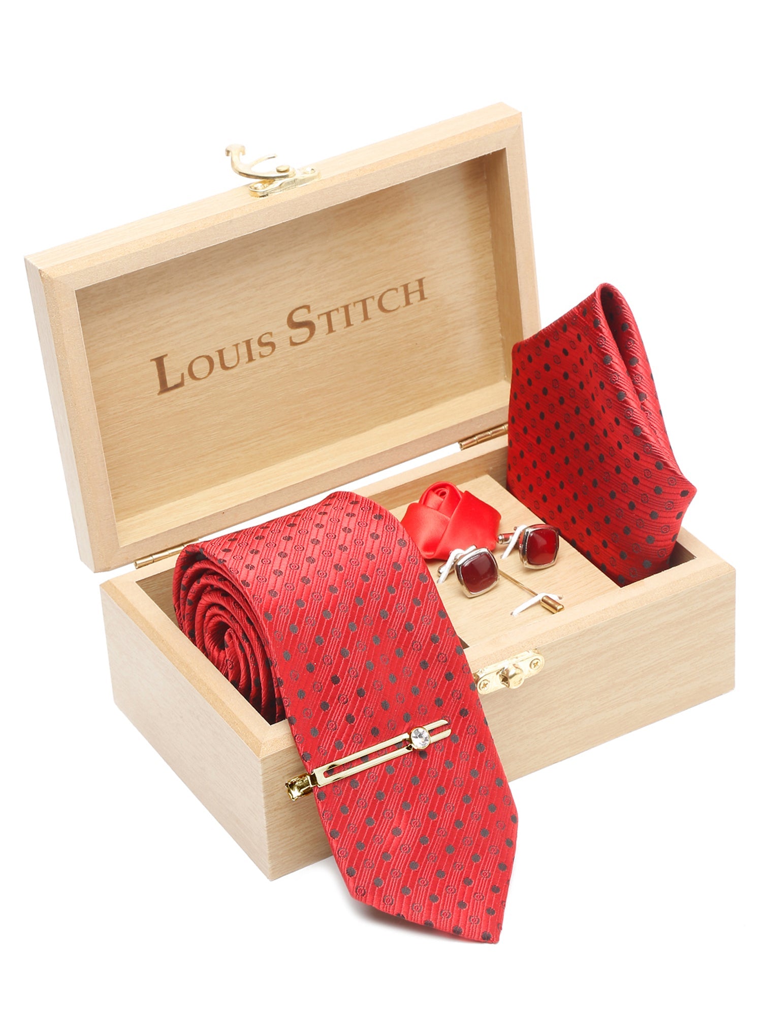 Indian Red Luxury Italian Silk Necktie Set With Pocket Square Cufflinks Brooch Gold Tie pin