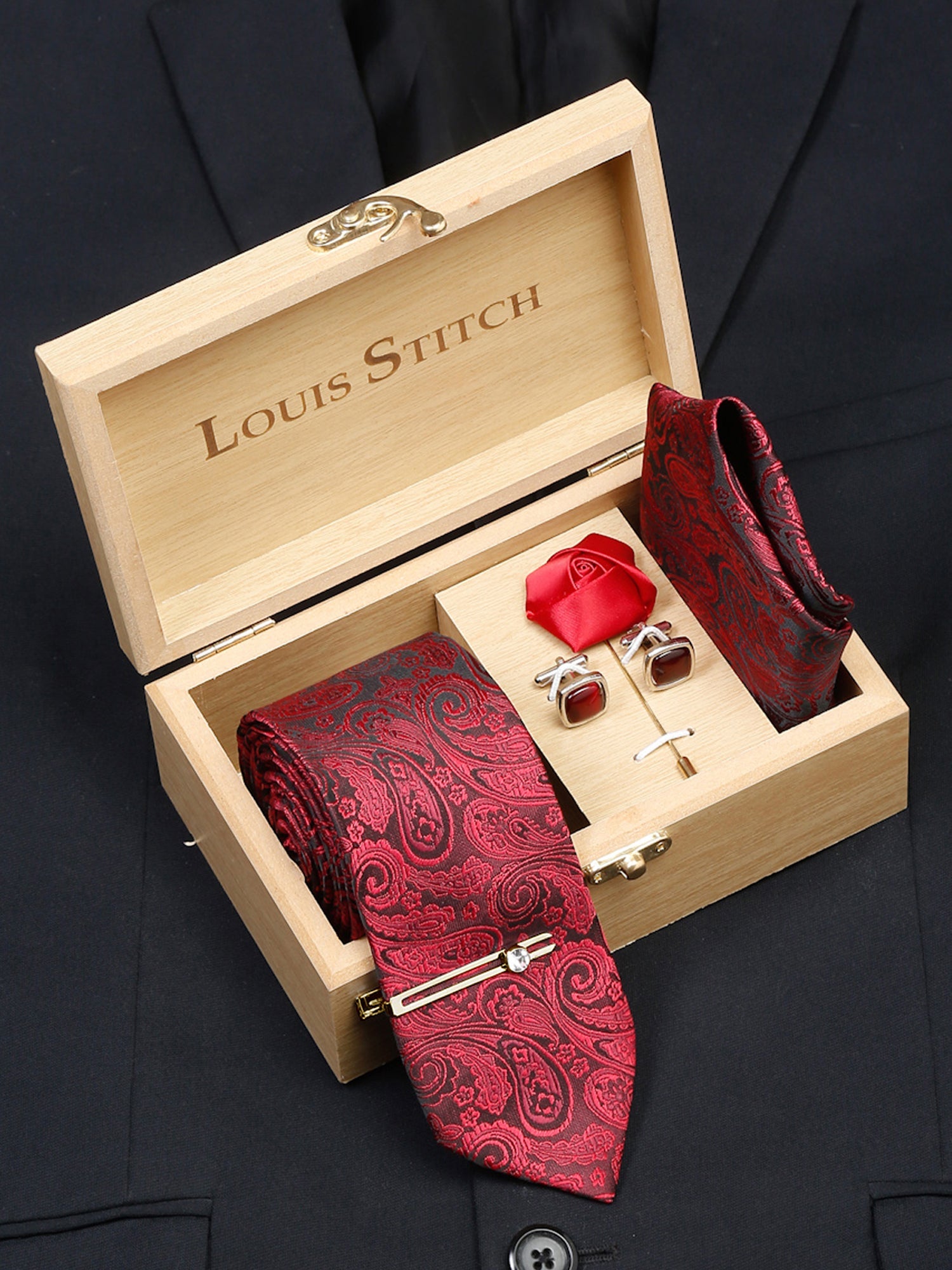 Persian Red Luxury Italian Silk Necktie Set With Pocket Square Cufflinks Brooch Gold Tie pin