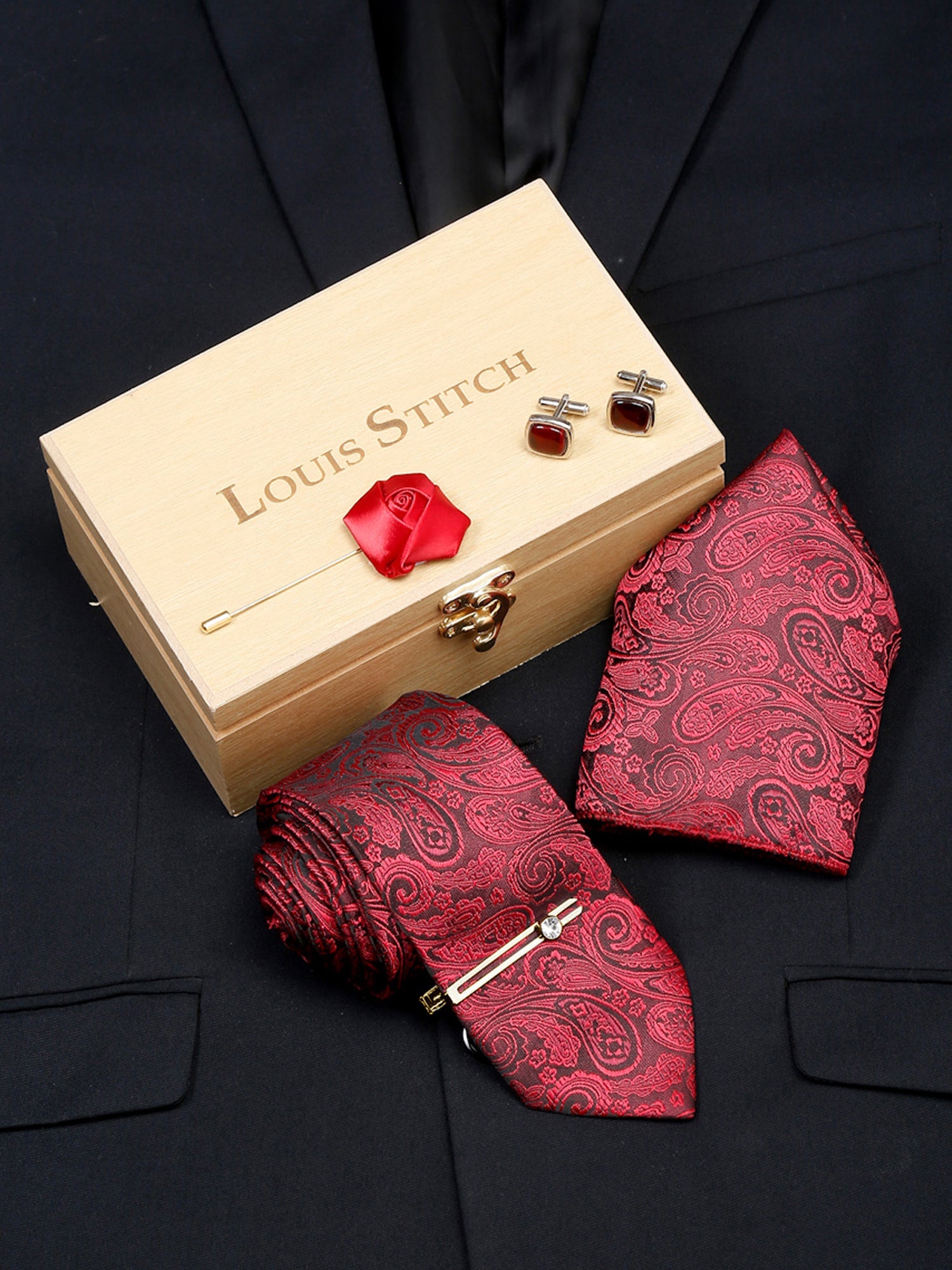 Persian Red Luxury Italian Silk Necktie Set With Pocket Square Cufflinks Brooch Gold Tie pin