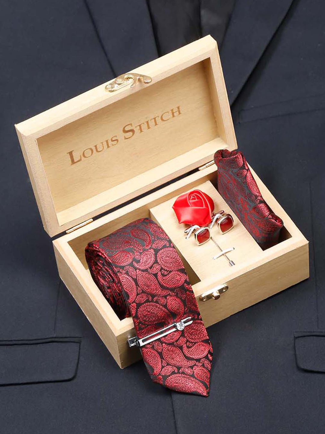 Wine Red Luxury Italian Silk Necktie Set With Pocket Square Cufflinks Brooch Chrome Tie pin