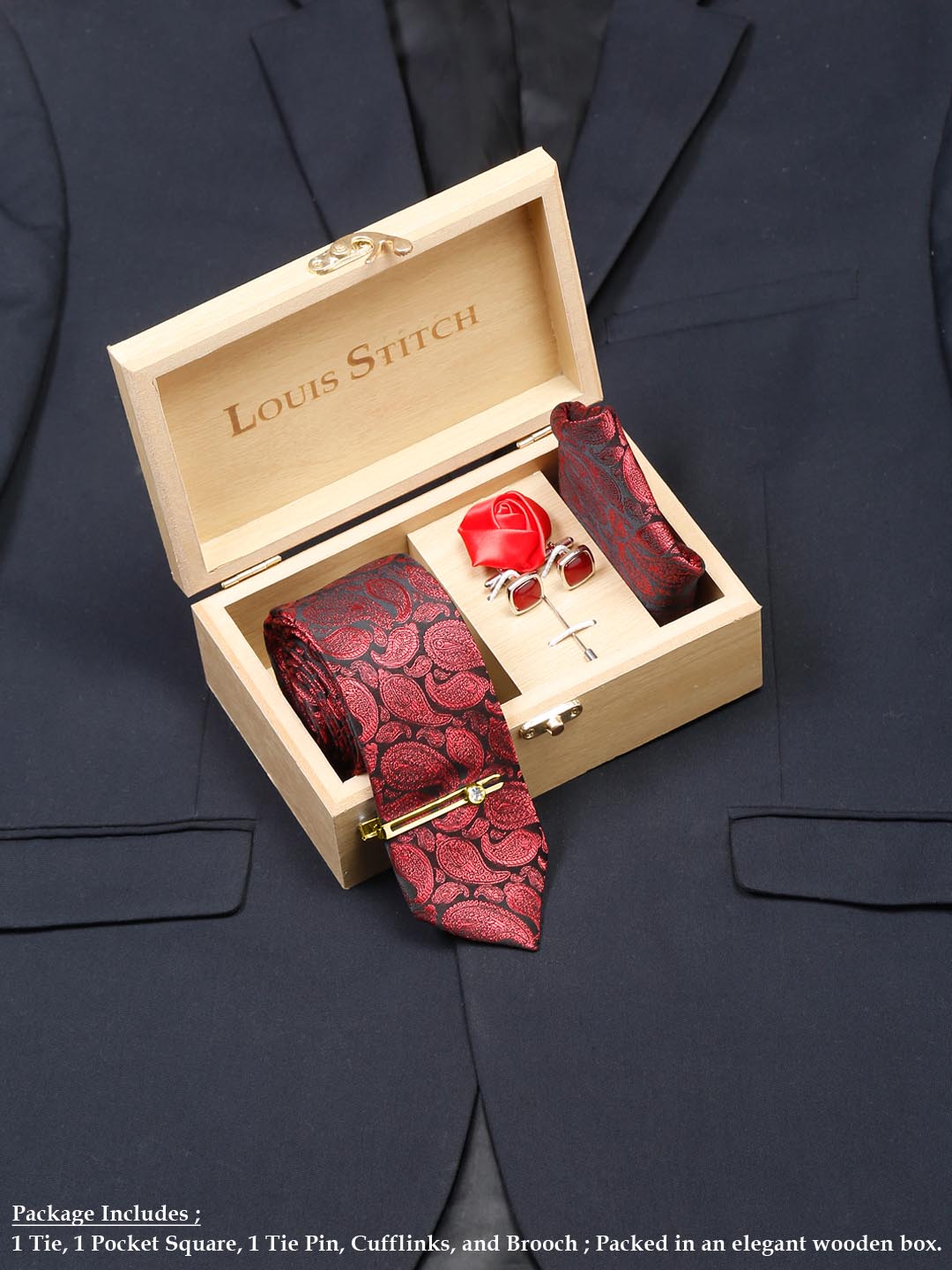 Wine Red Luxury Italian Silk Necktie Set With Pocket Square Cufflinks Brooch Gold Tie pin