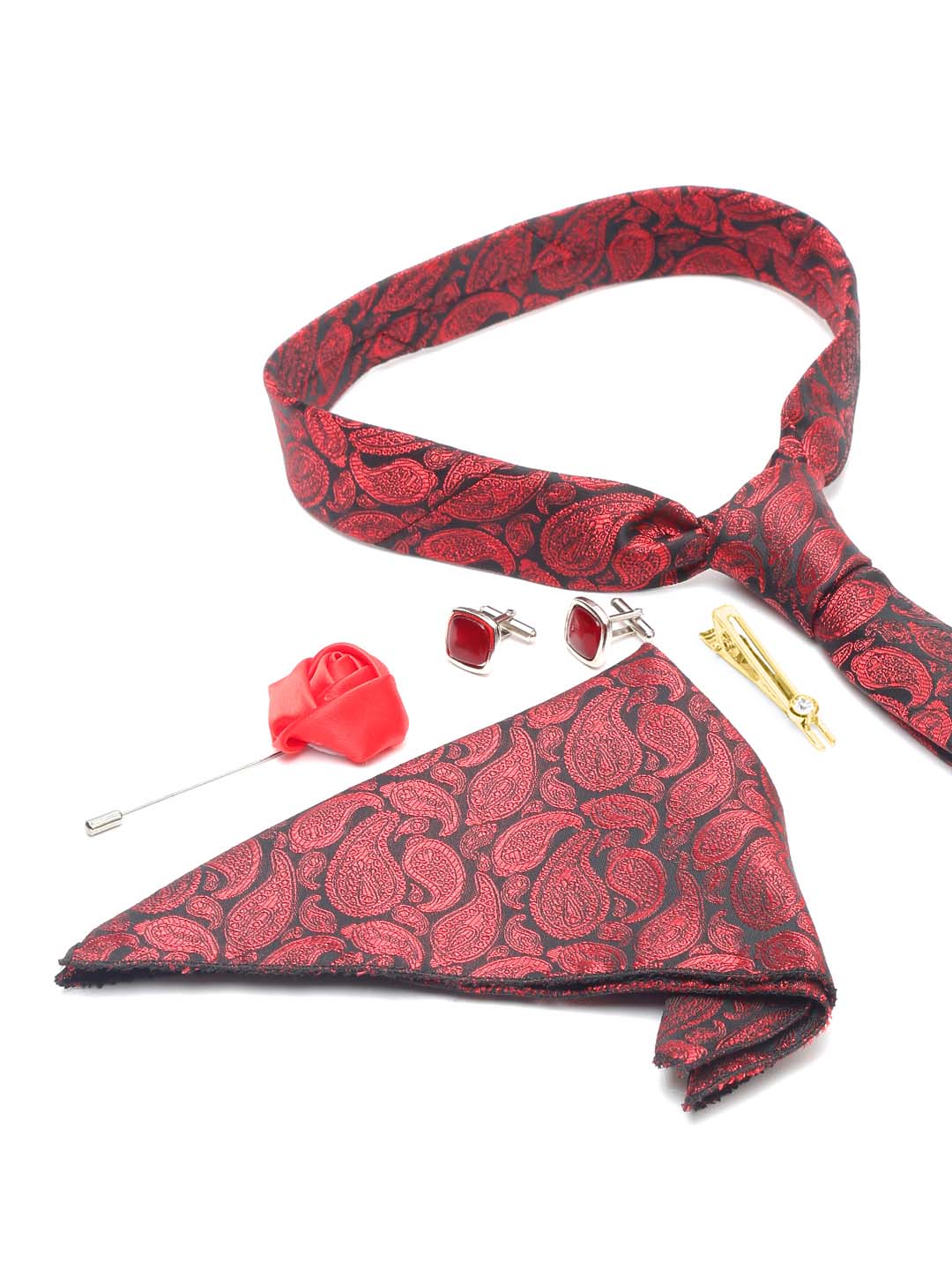 Wine Red Luxury Italian Silk Necktie Set With Pocket Square Cufflinks Brooch Gold Tie pin