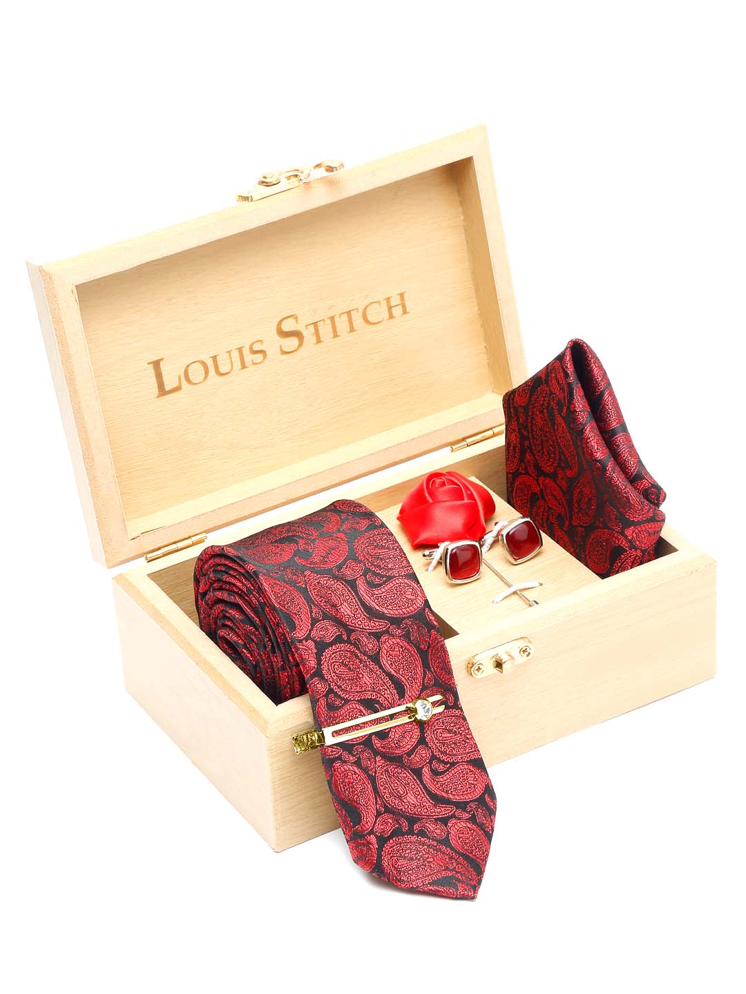 Wine Red Luxury Italian Silk Necktie Set With Pocket Square Cufflinks Brooch Gold Tie pin