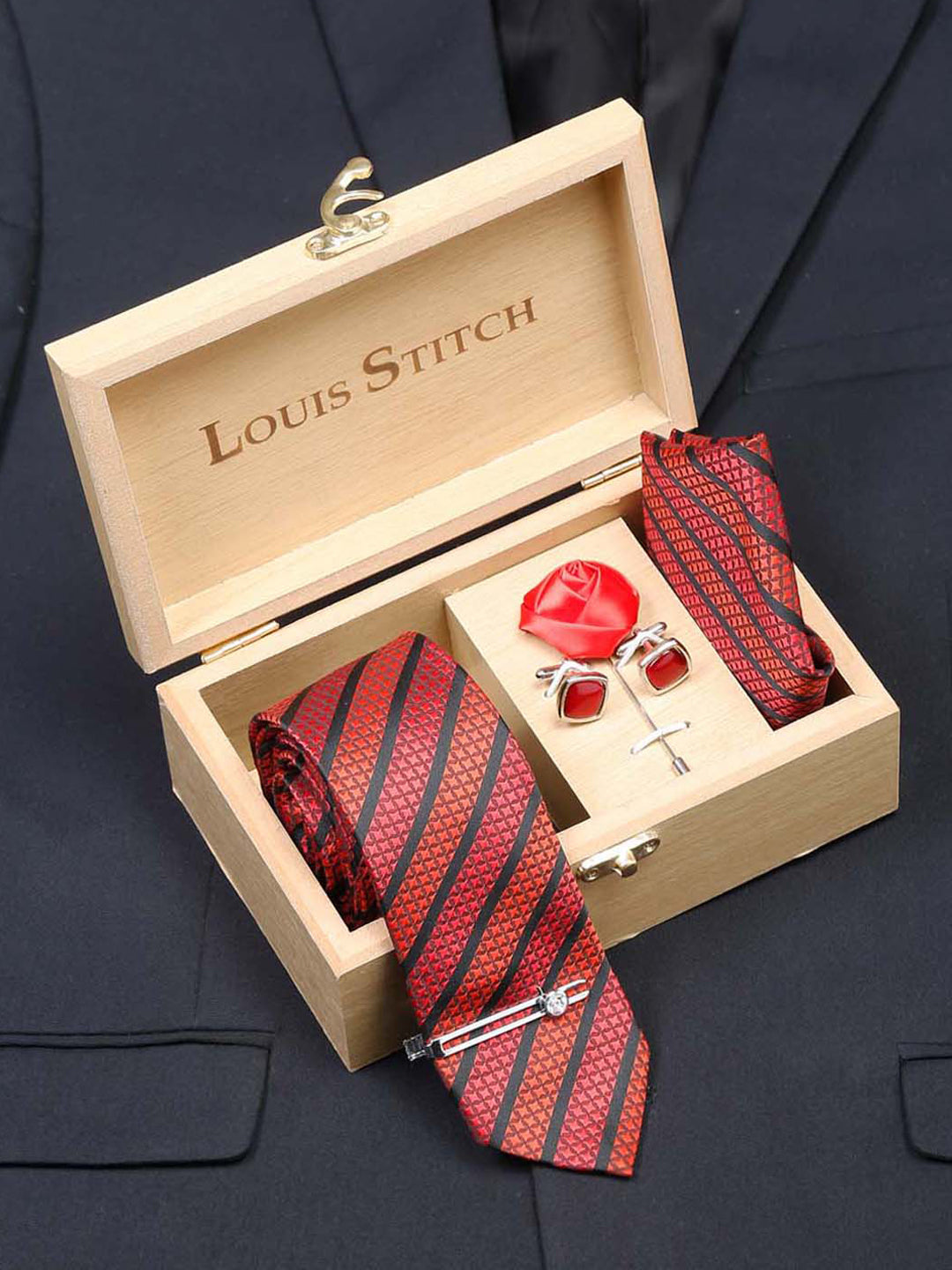 Ruby Red Luxury Italian Silk Necktie Set With Pocket Square Cufflinks Brooch Chrome Tie pin