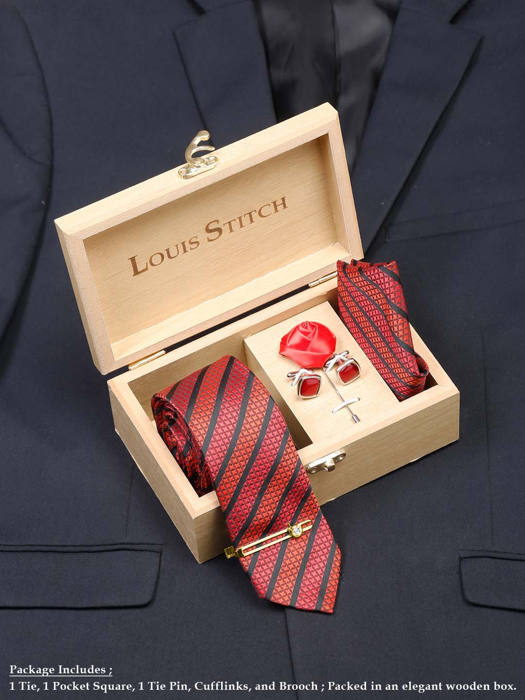 Ruby Red Luxury Italian Silk Necktie Set With Pocket Square Cufflinks Brooch Gold Tie pin