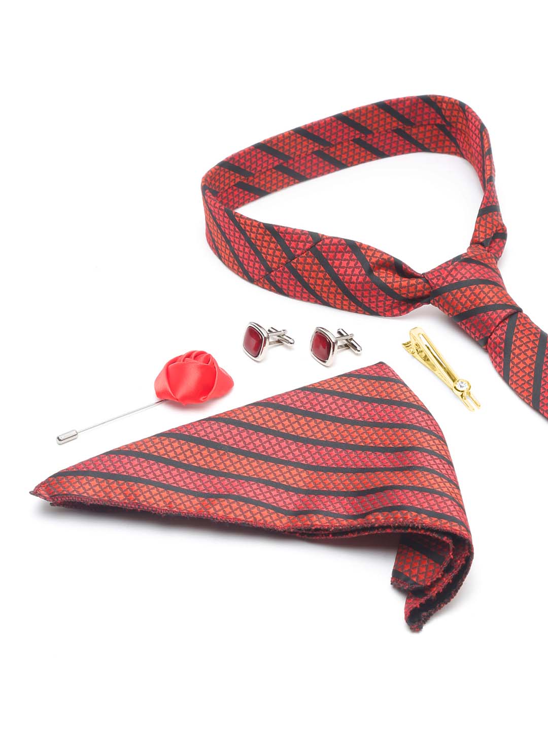 Ruby Red Luxury Italian Silk Necktie Set With Pocket Square Cufflinks Brooch Gold Tie pin