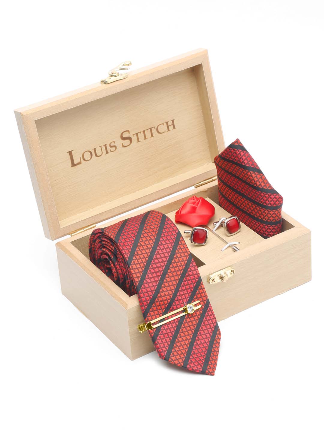 Ruby Red Luxury Italian Silk Necktie Set With Pocket Square Cufflinks Brooch Gold Tie pin