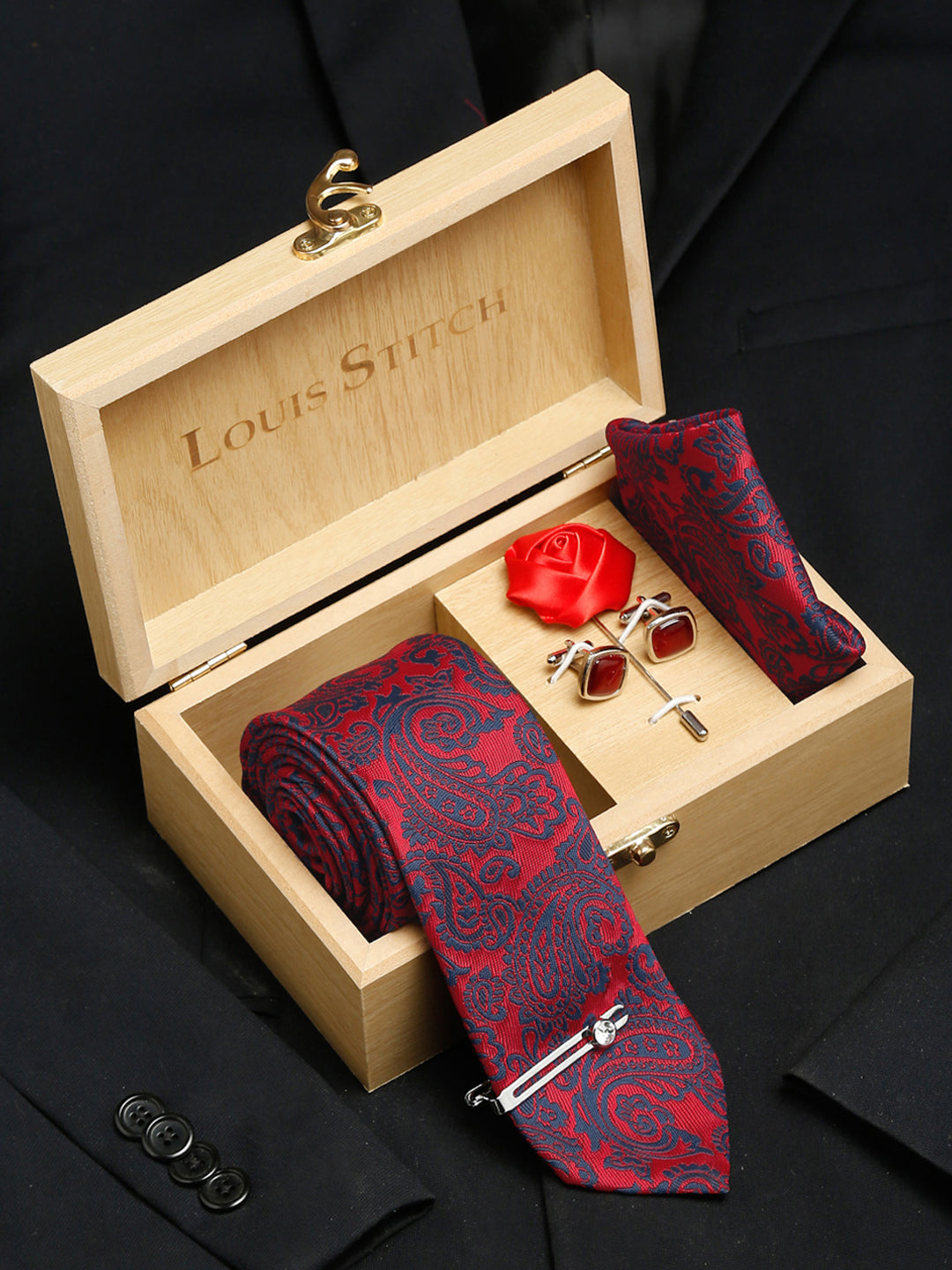Candy Red Luxury Italian Silk Necktie Set With Pocket Square Cufflinks Brooch Chrome Tie pin
