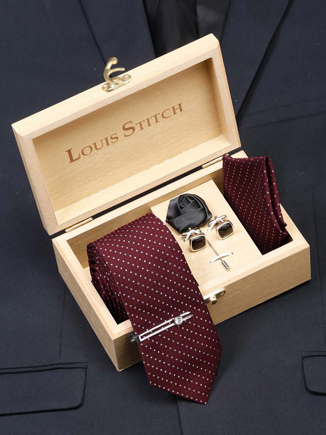 Polka Red Luxury Italian Silk Necktie Set With Pocket Square Cufflinks Brooch Chrome Tie pin