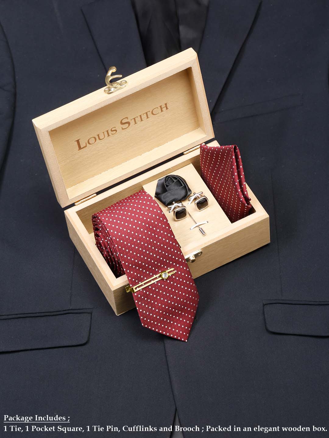 Polka Red Luxury Italian Silk Necktie Set With Pocket Square Cufflinks Brooch Gold Tie pin