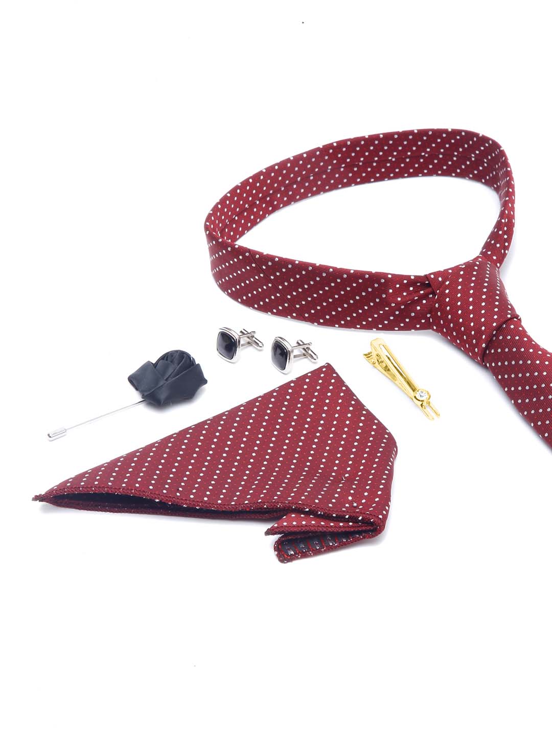 Polka Red Luxury Italian Silk Necktie Set With Pocket Square Cufflinks Brooch Gold Tie pin