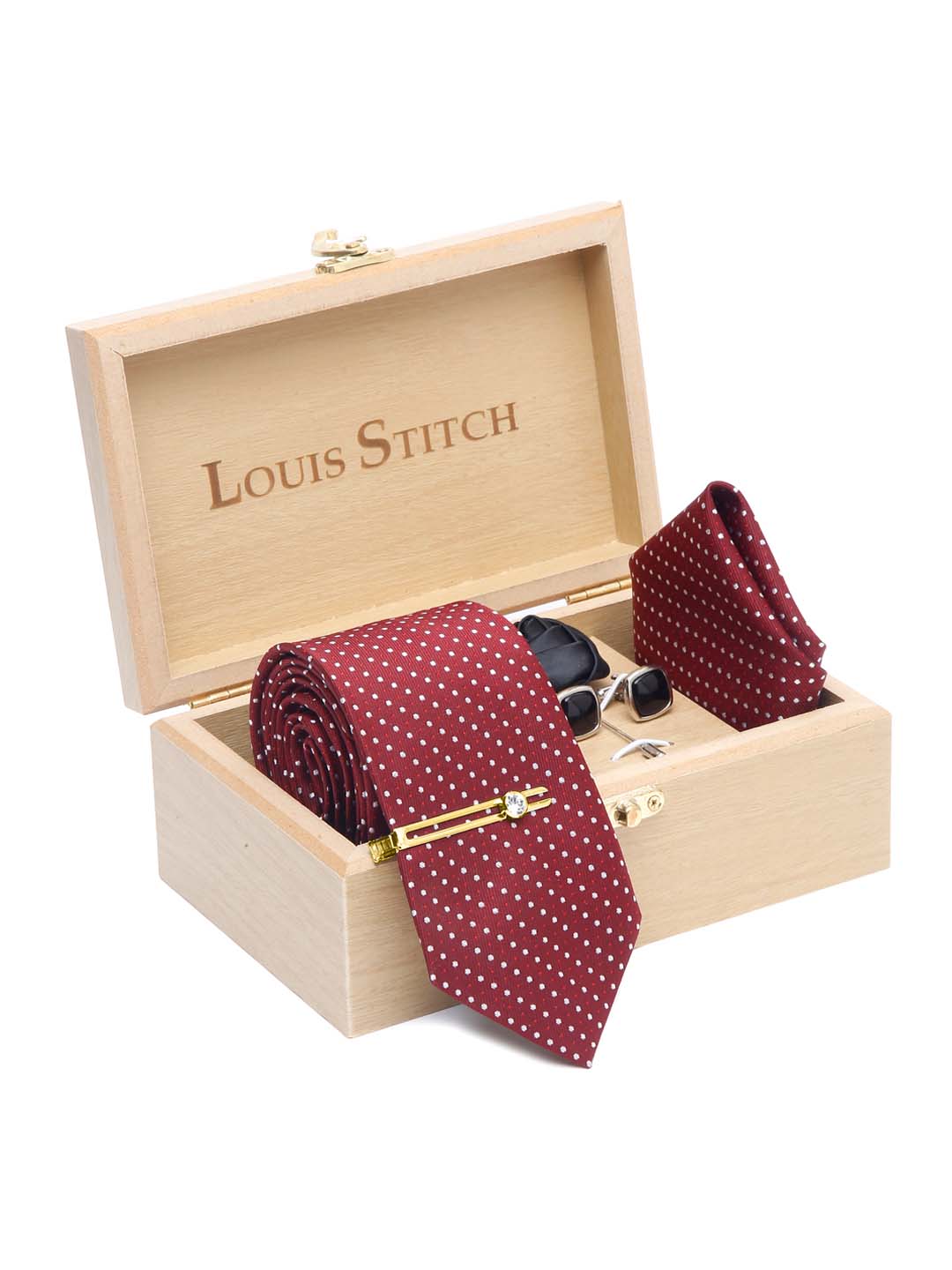Polka Red Luxury Italian Silk Necktie Set With Pocket Square Cufflinks Brooch Gold Tie pin