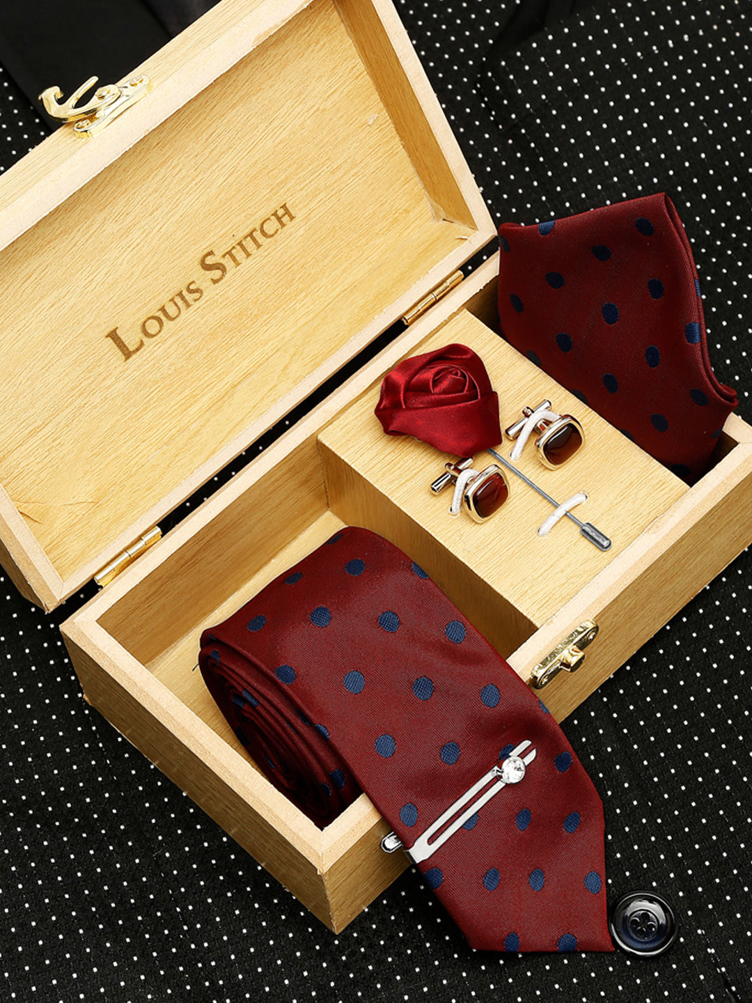 Polka Red Luxury Italian Silk Necktie Set With Pocket Square Cufflinks Brooch Chrome Tie pin