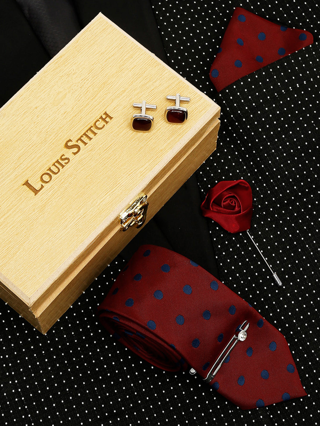 Polka Red Luxury Italian Silk Necktie Set With Pocket Square Cufflinks Brooch Chrome Tie pin